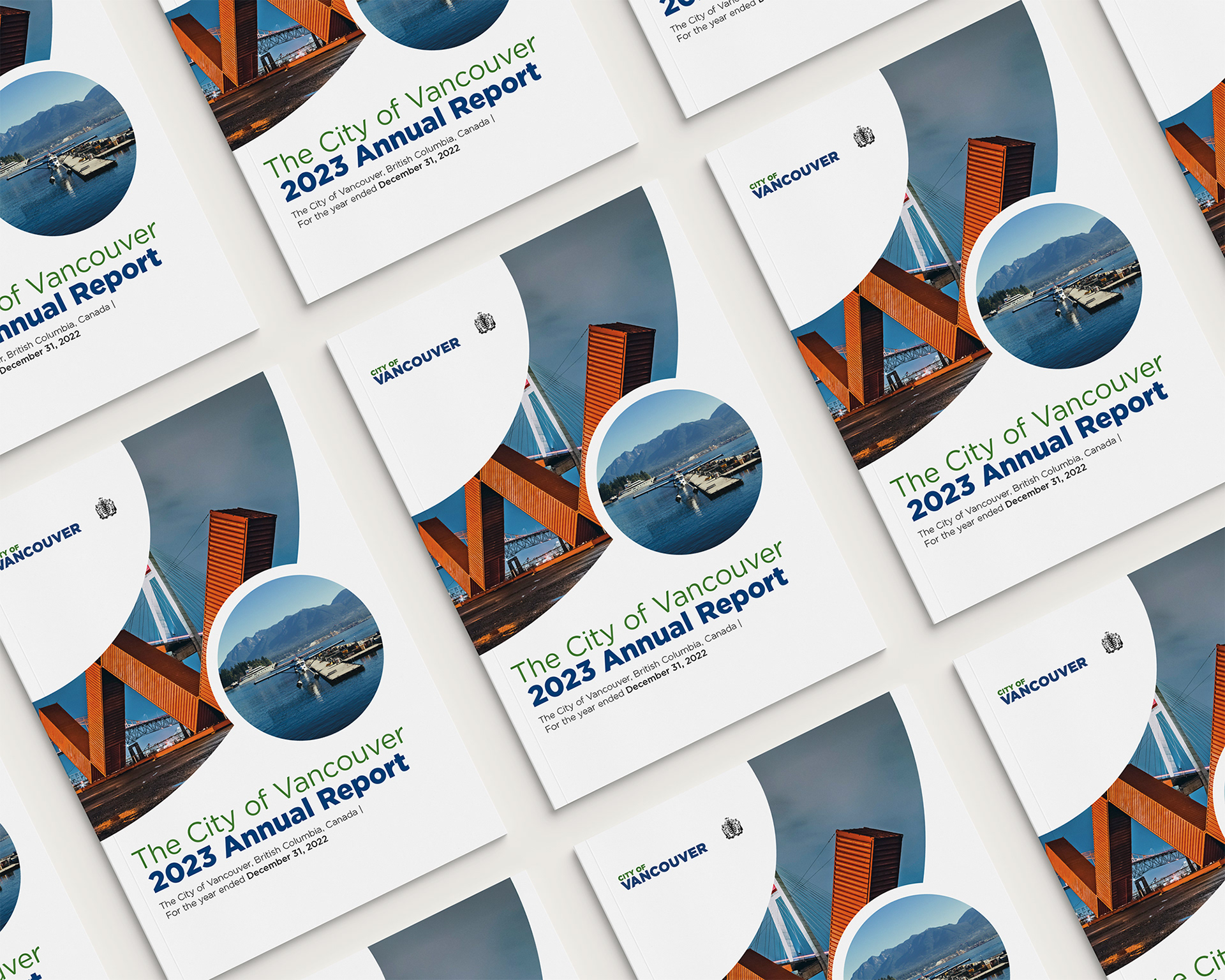 Grid layout showcasing covers for City of Vancouver annual report design by Jorda Thomas.