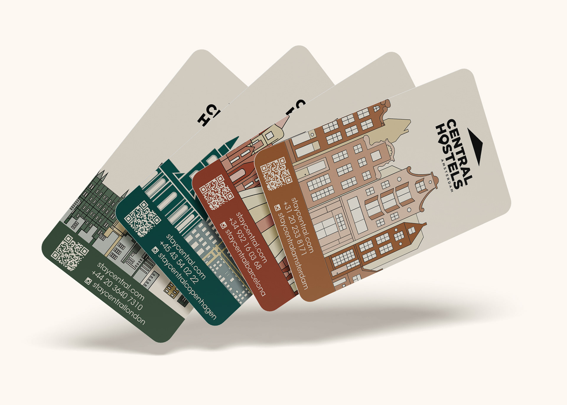 Four Central Hostels keycards featuring custom location-specific illustrations, designed by Jorda Thomas.