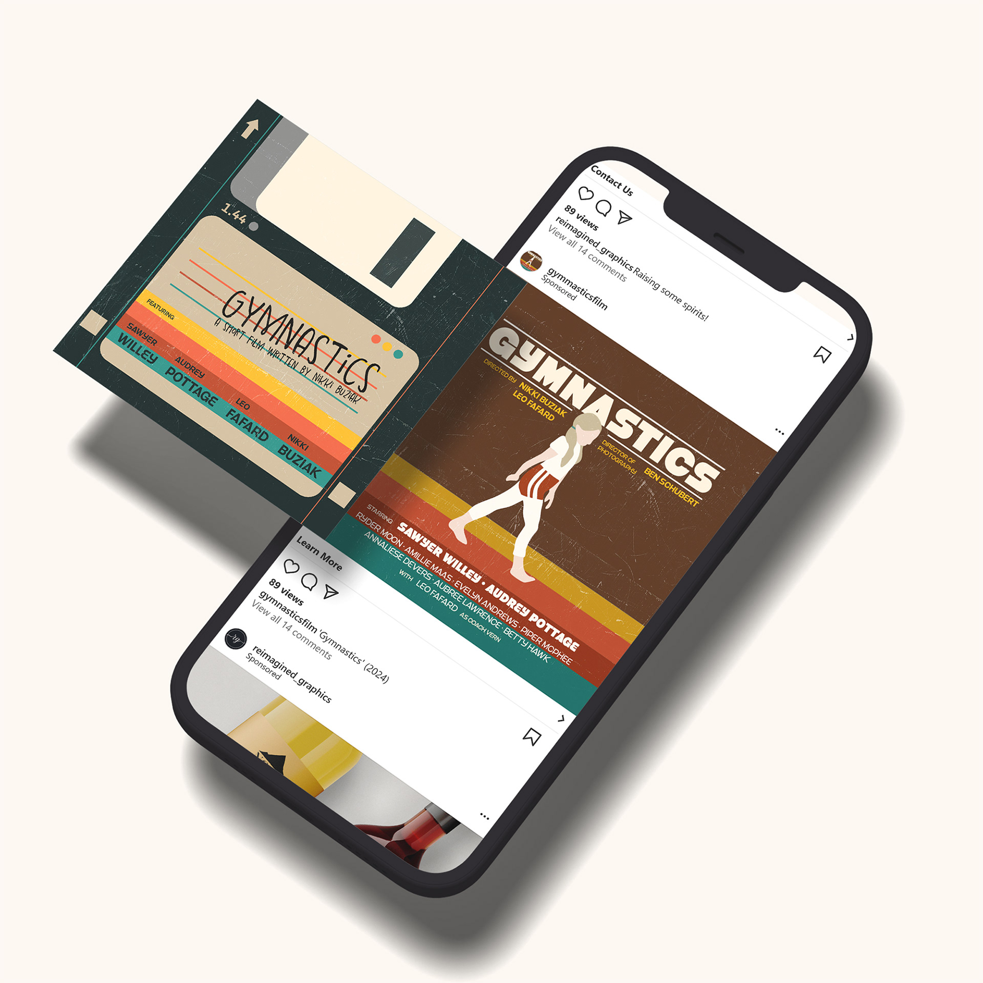 Illustrated retro-style social ads for the film 'Gymnastics' displayed on a phone mockup, designed by Jorda Thomas.