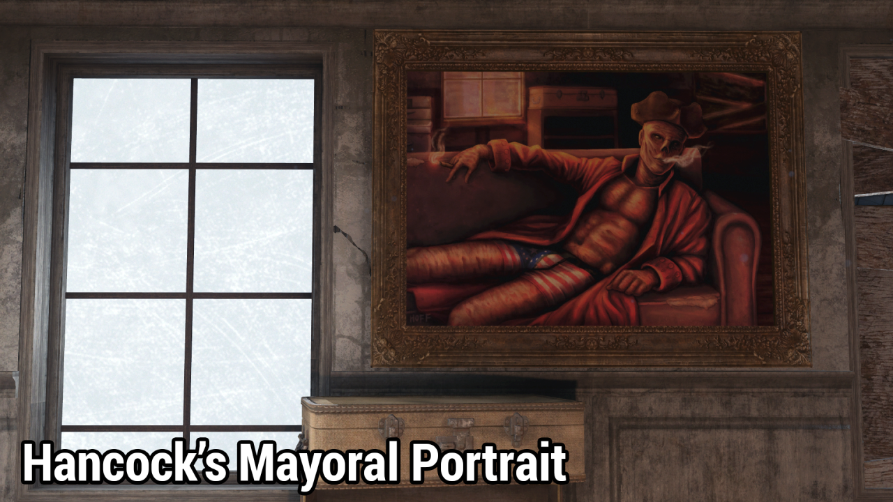 This painting was done to be modded into the game Fallout 4 so that the character Mayor Hancock could have a "Mayoral Portrait" on his wall in the state house building in the game. Mod created by Radbeetle and found here: https://www.nexusmods.com/fallout4/mods/43268