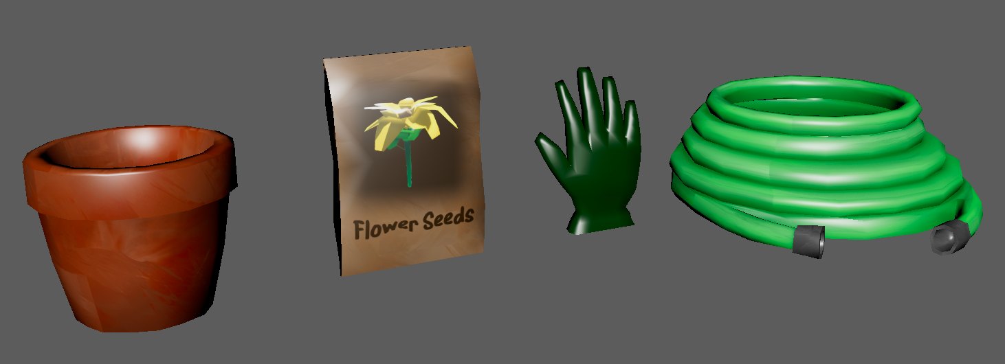 Flower pot, seed packets, glove, and water hose