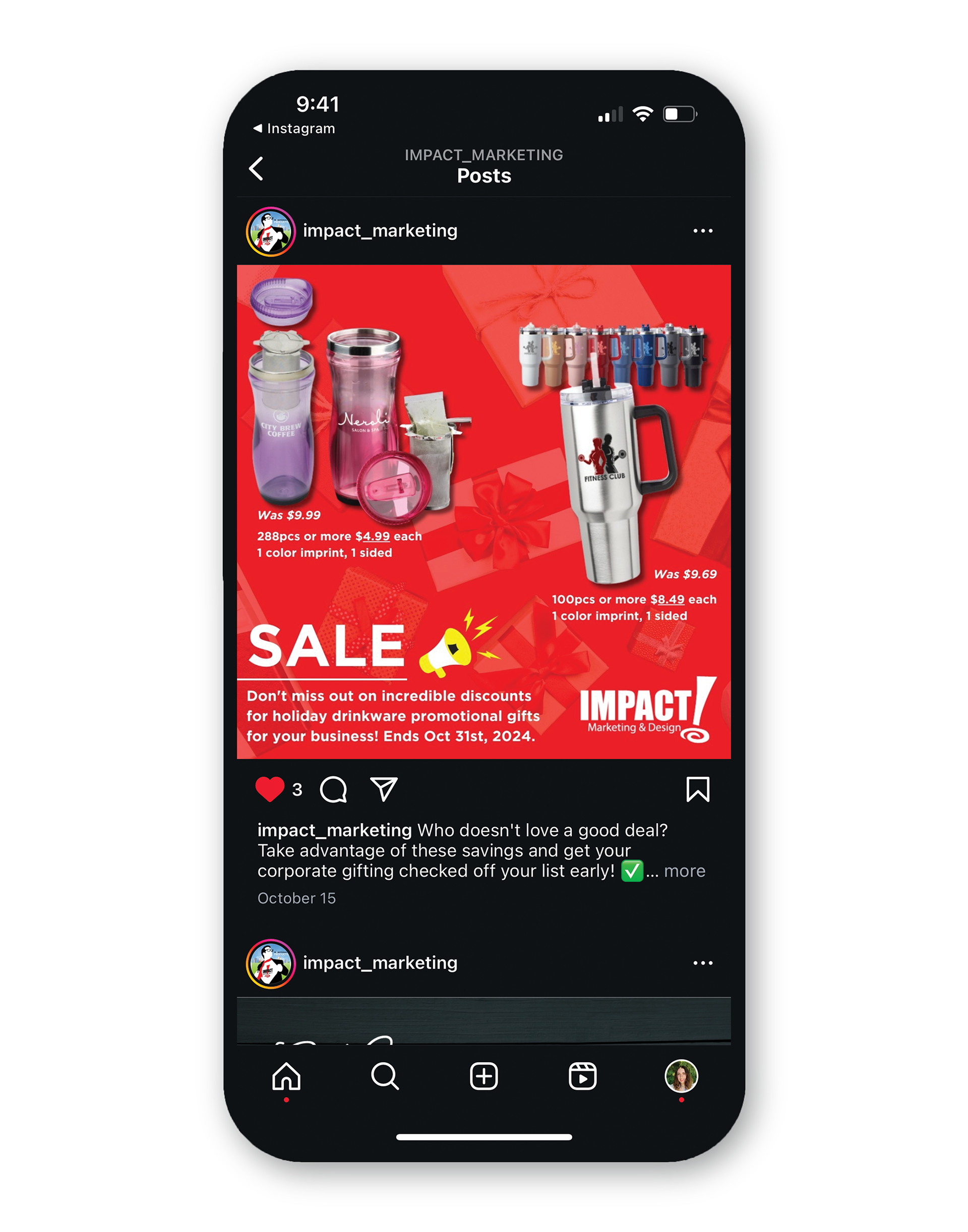 Impact Marketing & Design Instagram Social Media Page, sale announcement, 2025.