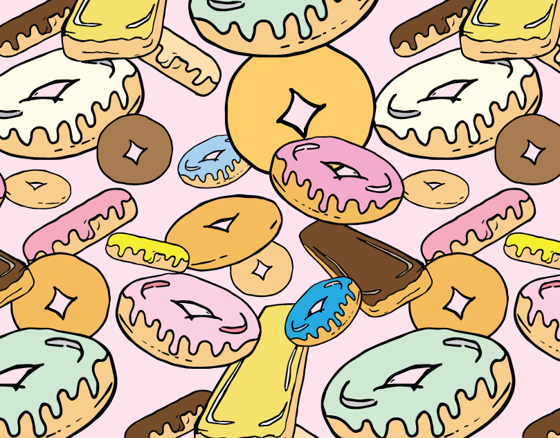 selection of aforementioned finished doughnut pattern. pastel pink background. varying views of doughnuts, including eclairs. icing in pastel green, blue, pink, and yellow.