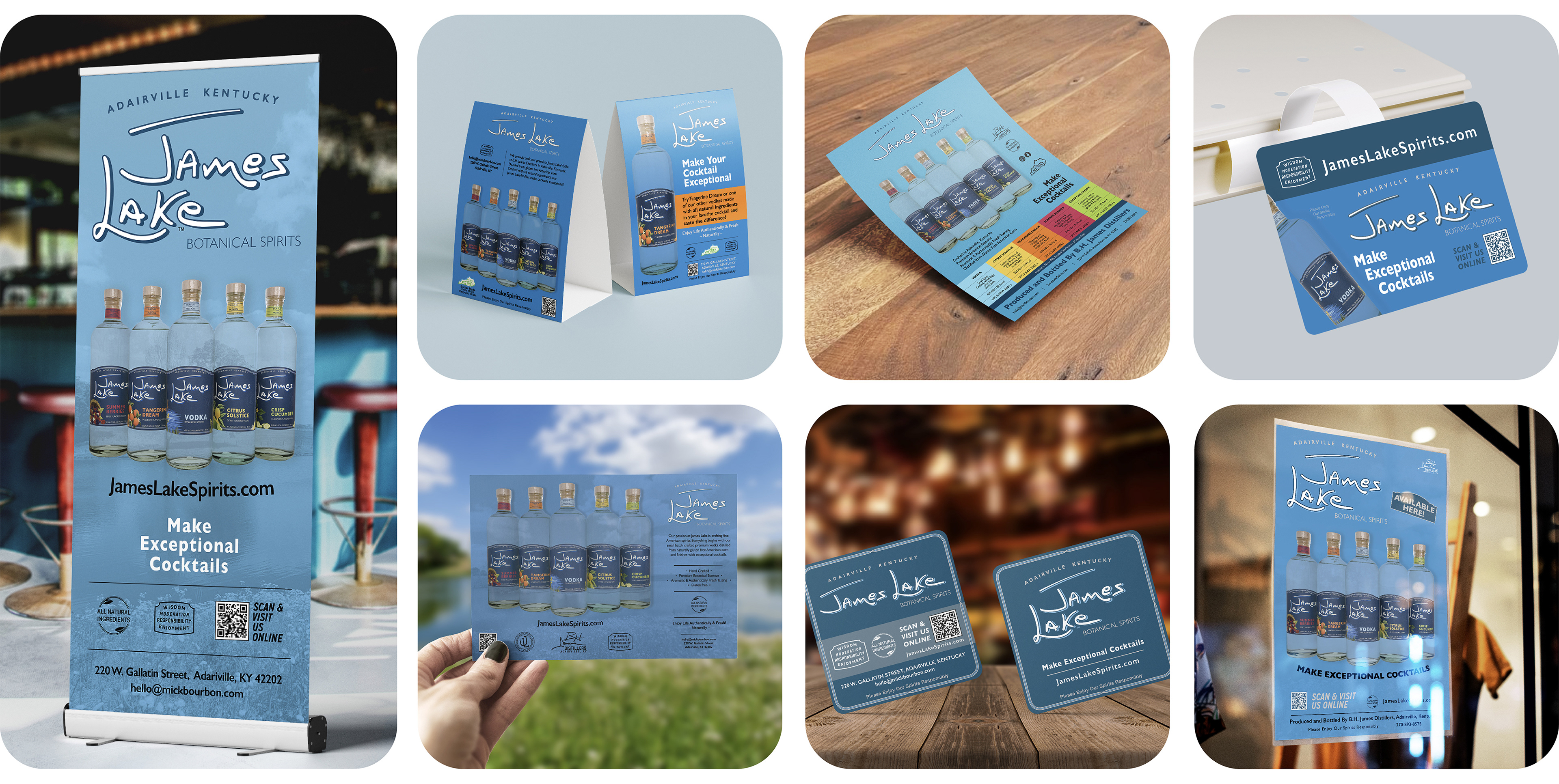 marketing collateral for the vodka James Lake. Consistent blue tone. Pull banner, table top signs, flyers, coasters, posters, postcards