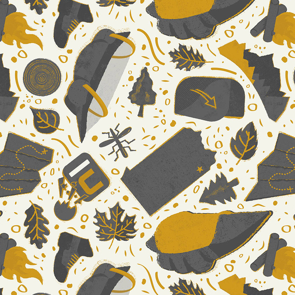 surface pattern design of camping and outdoor icons done in a rough and textured style