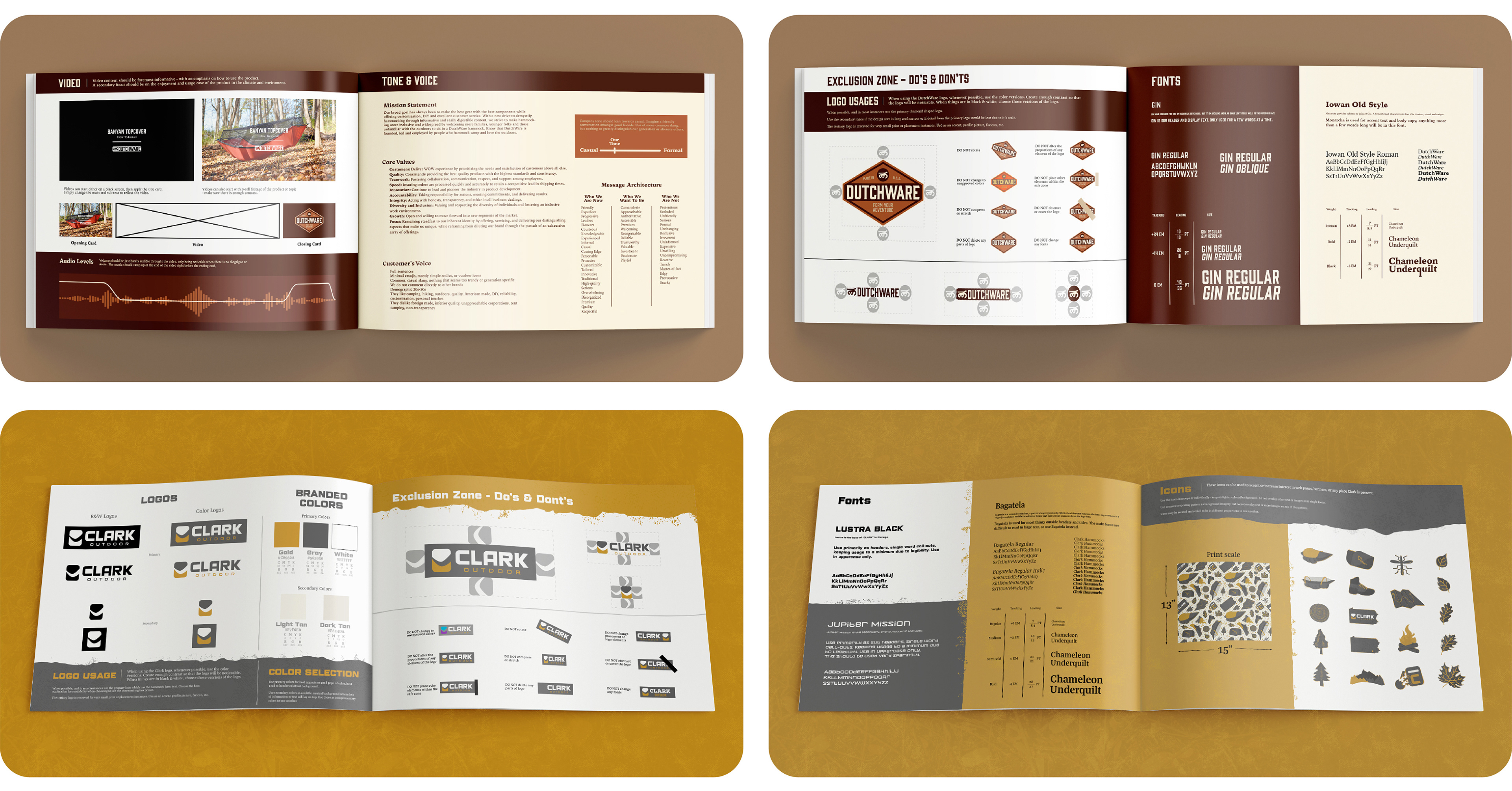 branding guides for DutchWare and Clark Outdoor. Two hammock companies. The guides show how best to used the color, fonts, logos, icons and tone to stay on brand