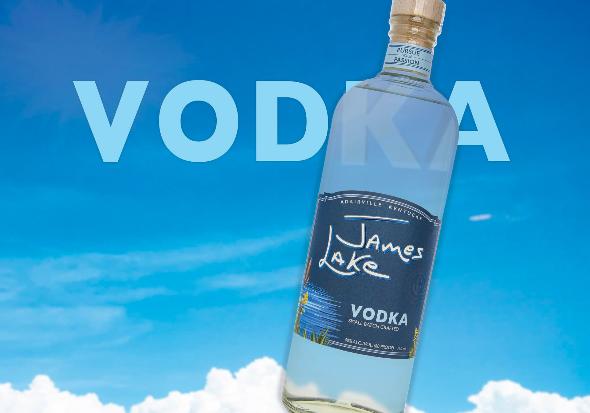 Vodka bottle floating through clouds