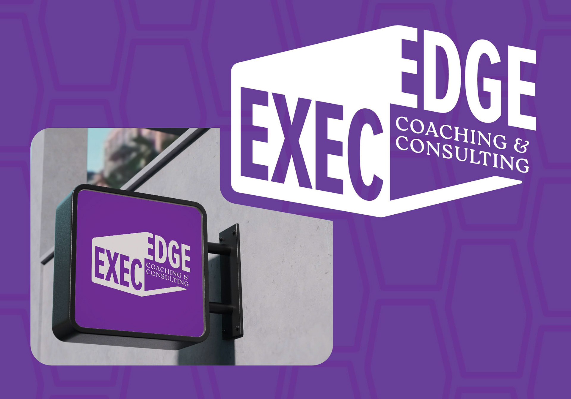 Purple box shaped logo and signage