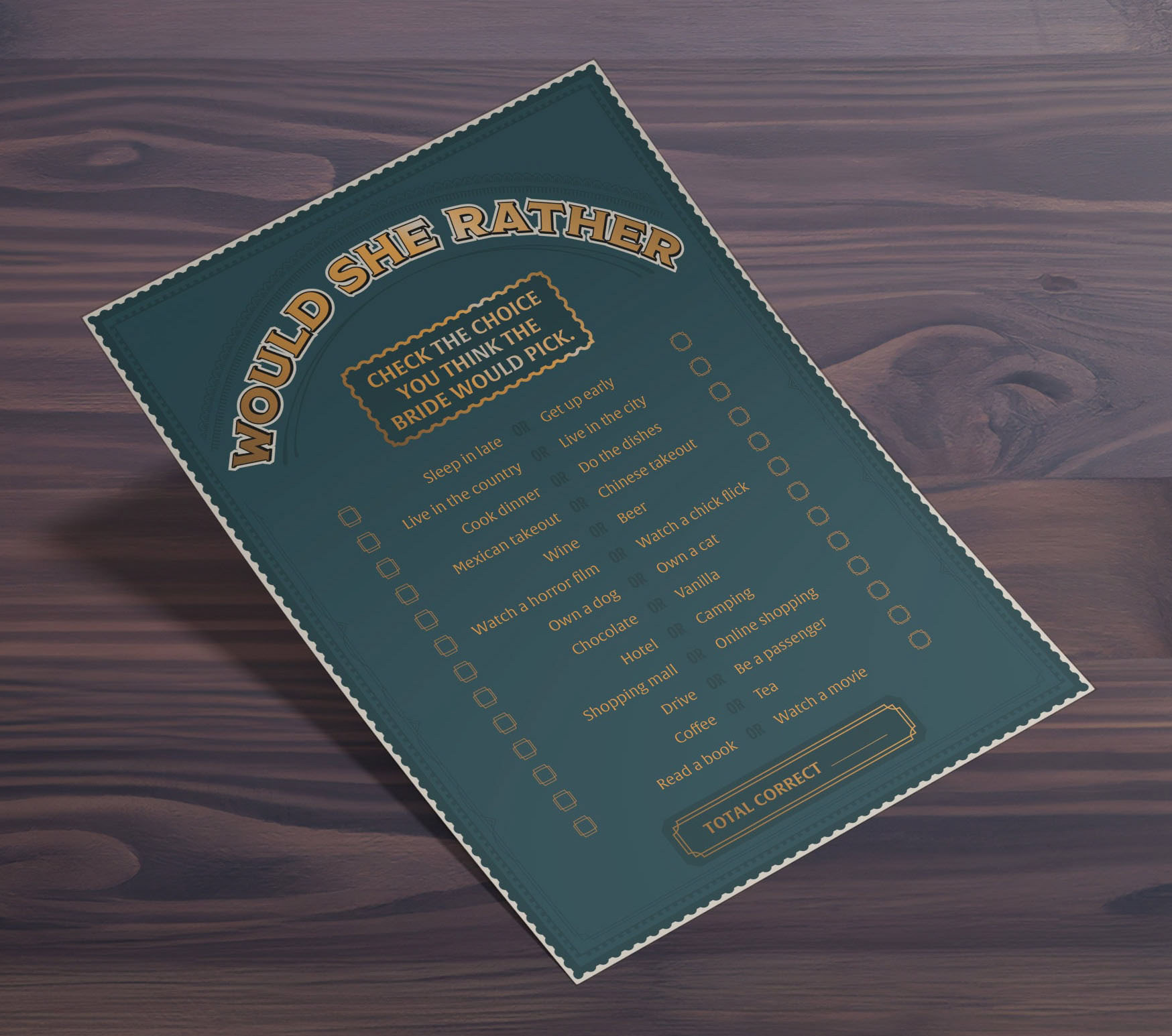1920's Themed Wedding Game Sheet