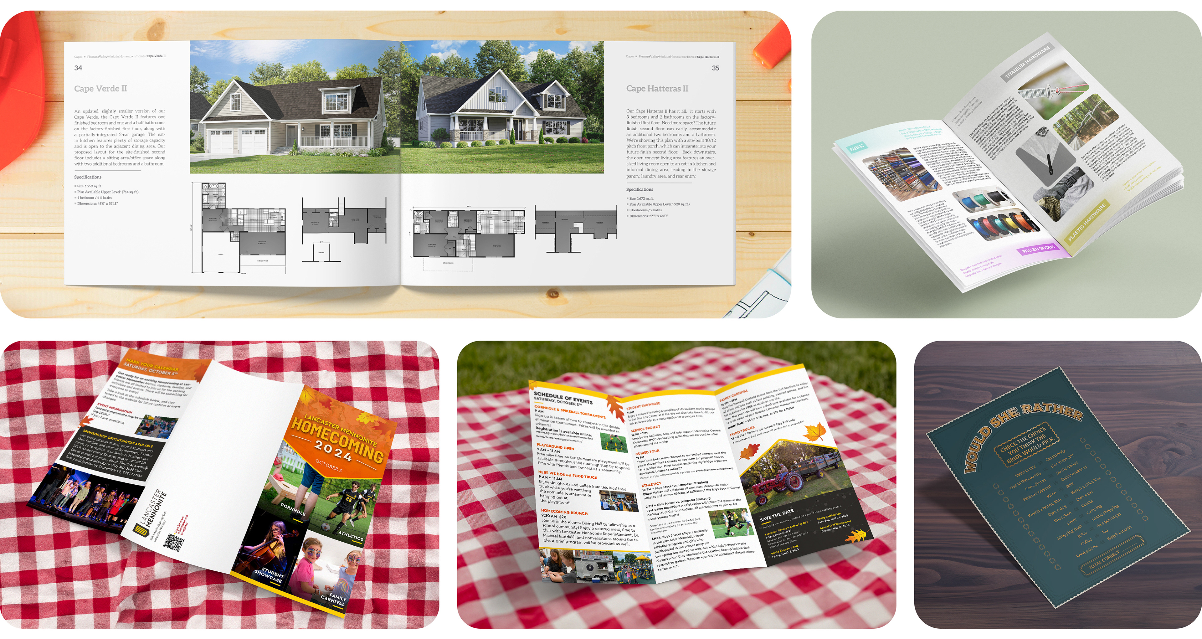 printed materials including a home catalog, tri-fold brochure for a school, wedding game flyer and a B2B booklet