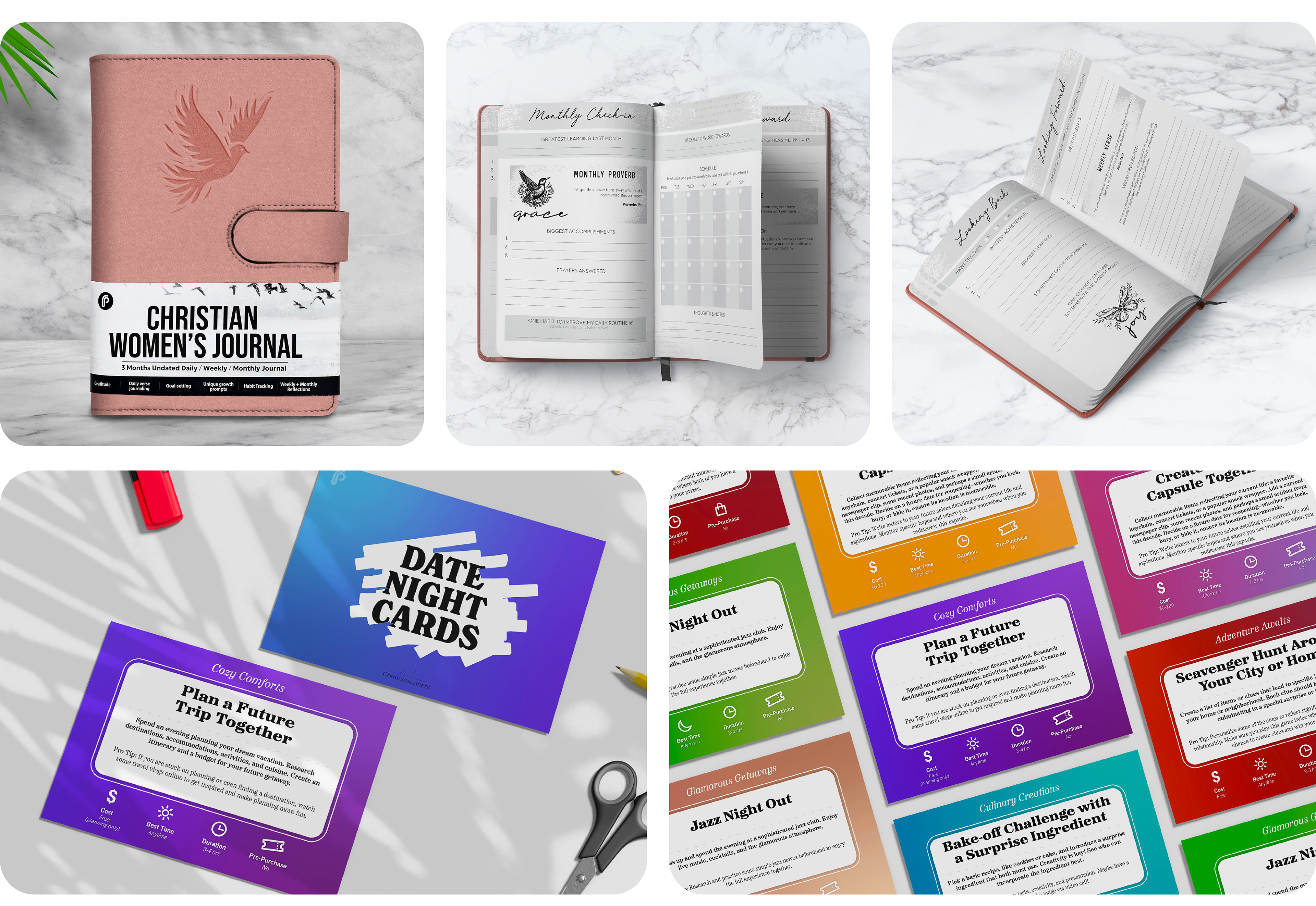 Christian Women's Journal with pink cover and embossed logo of dove. Inside lightly colored gray pages and cursive writing. Date night cards are colorful, front and back collection of date ideas