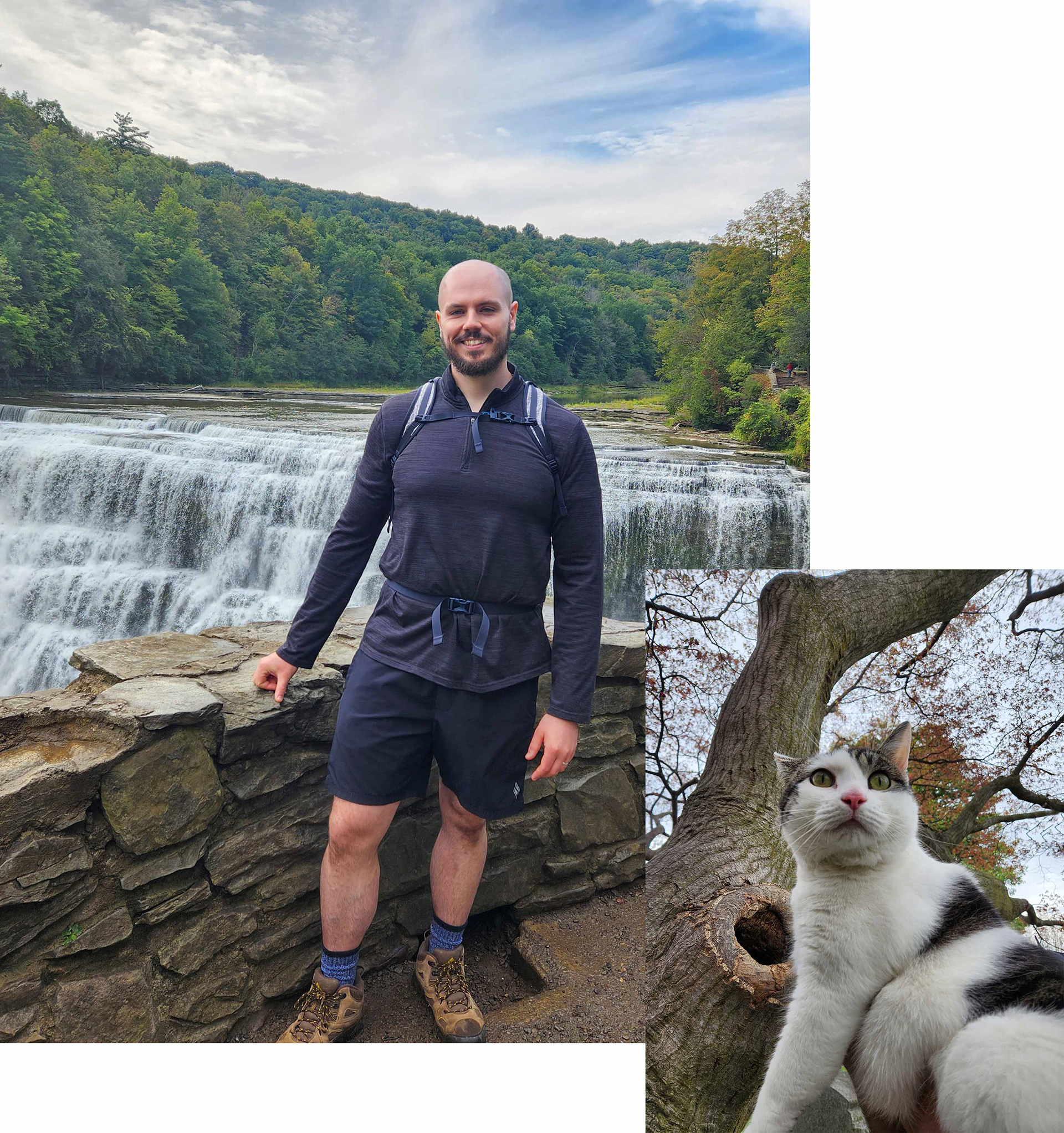 Owner, Josh standing by a waterfall and his pet cat Malcolm enjoying an autumn day outside