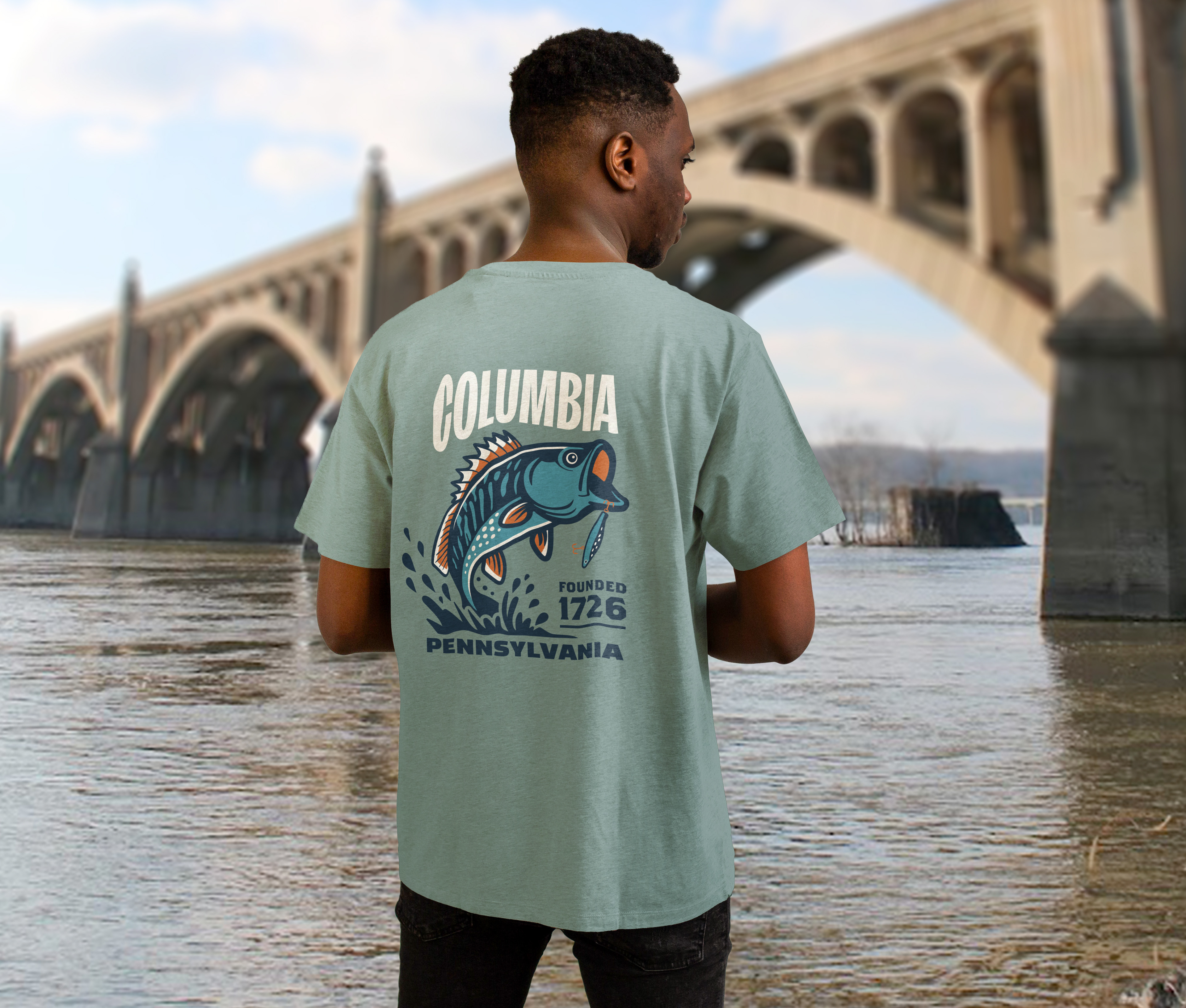 Columbia, Pennsylvania branded t-shirt design of fish jumping out of water with typography