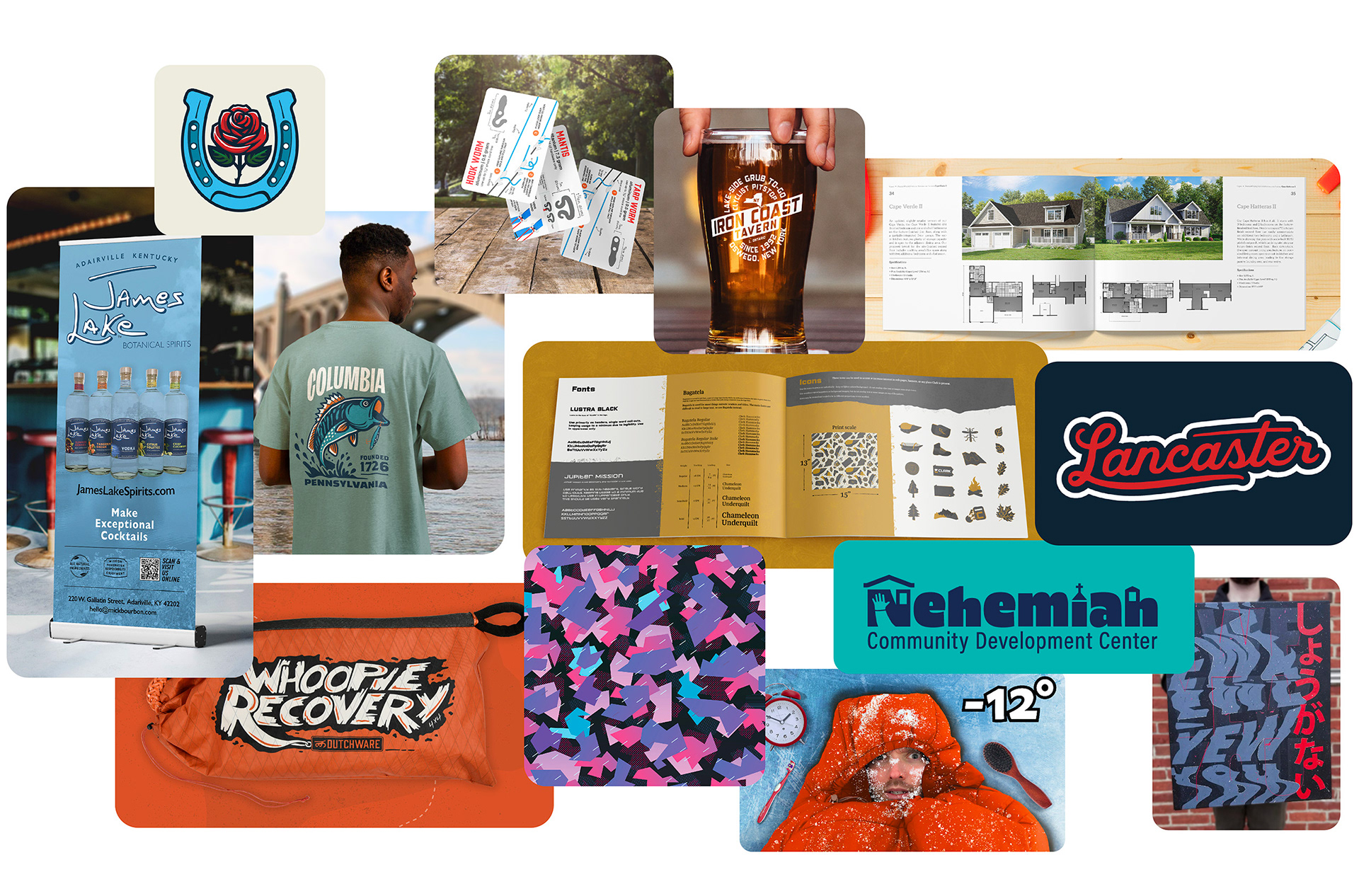 collage of graphic design items including logos, t-shirts, branding books, patterns, and branded sales items.