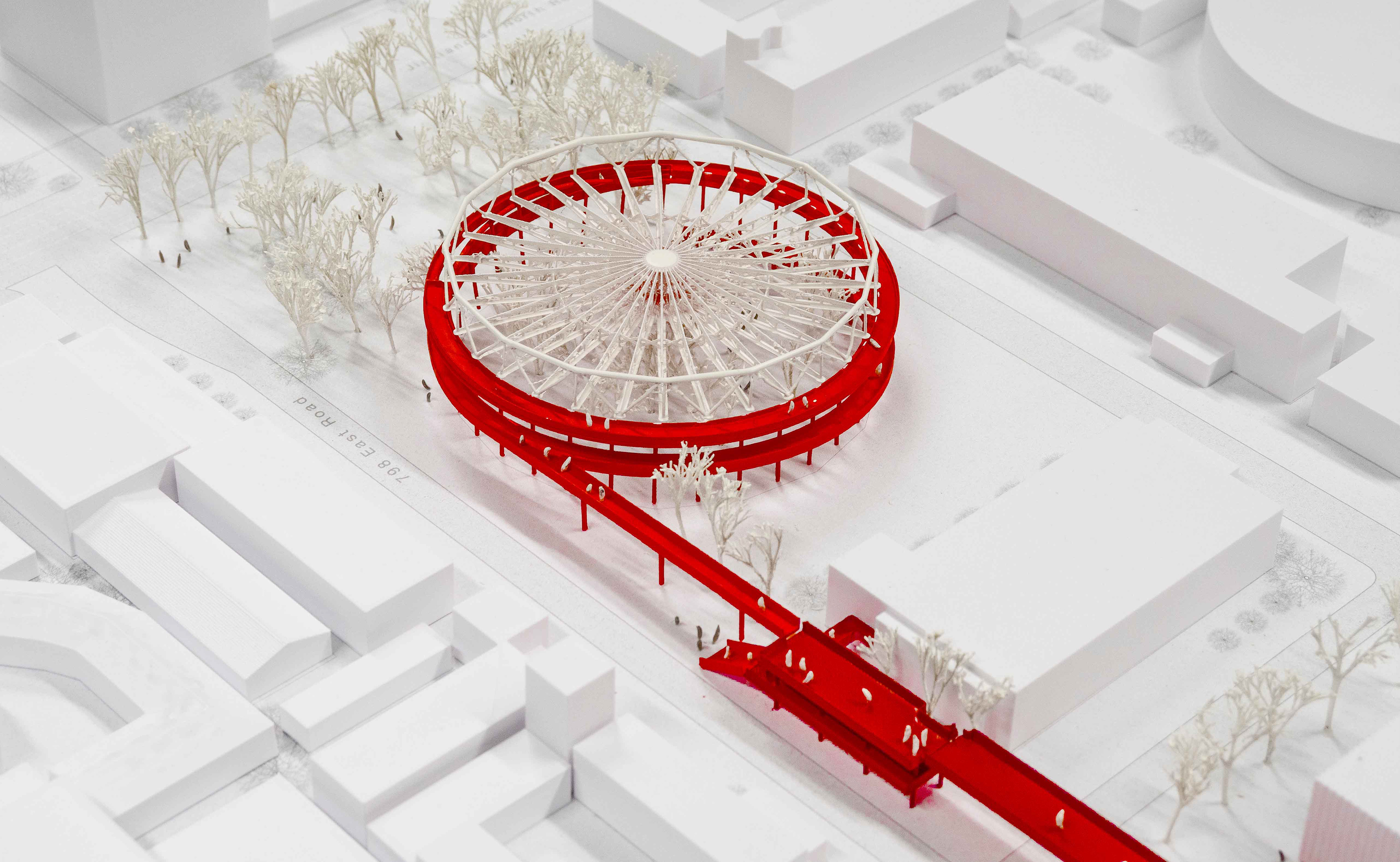 Städtebauliches 1:500 Modell; mit weißem Filament gedruckt und rot lackiert 