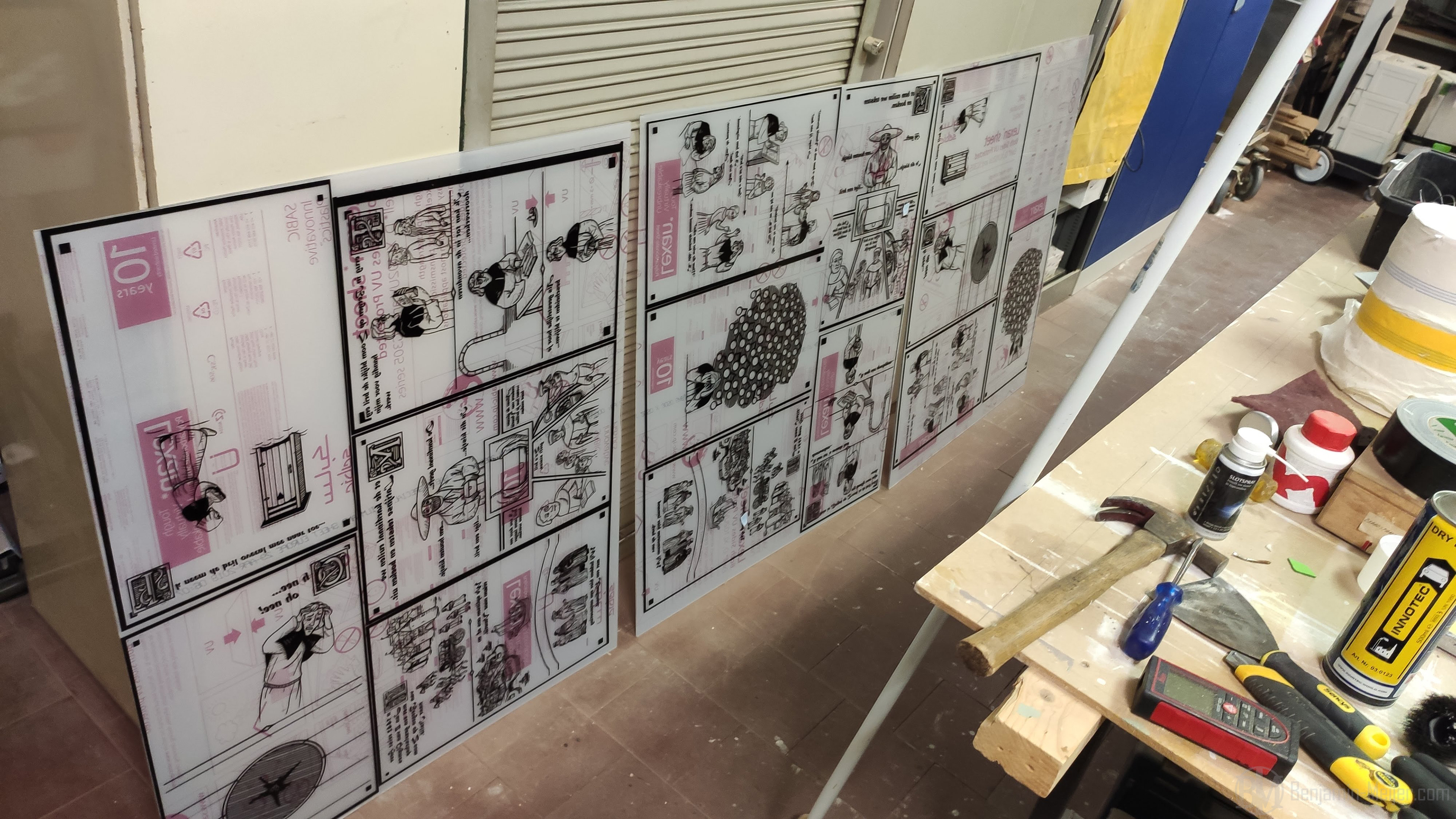The panels with the stickers applied, before cutting to size