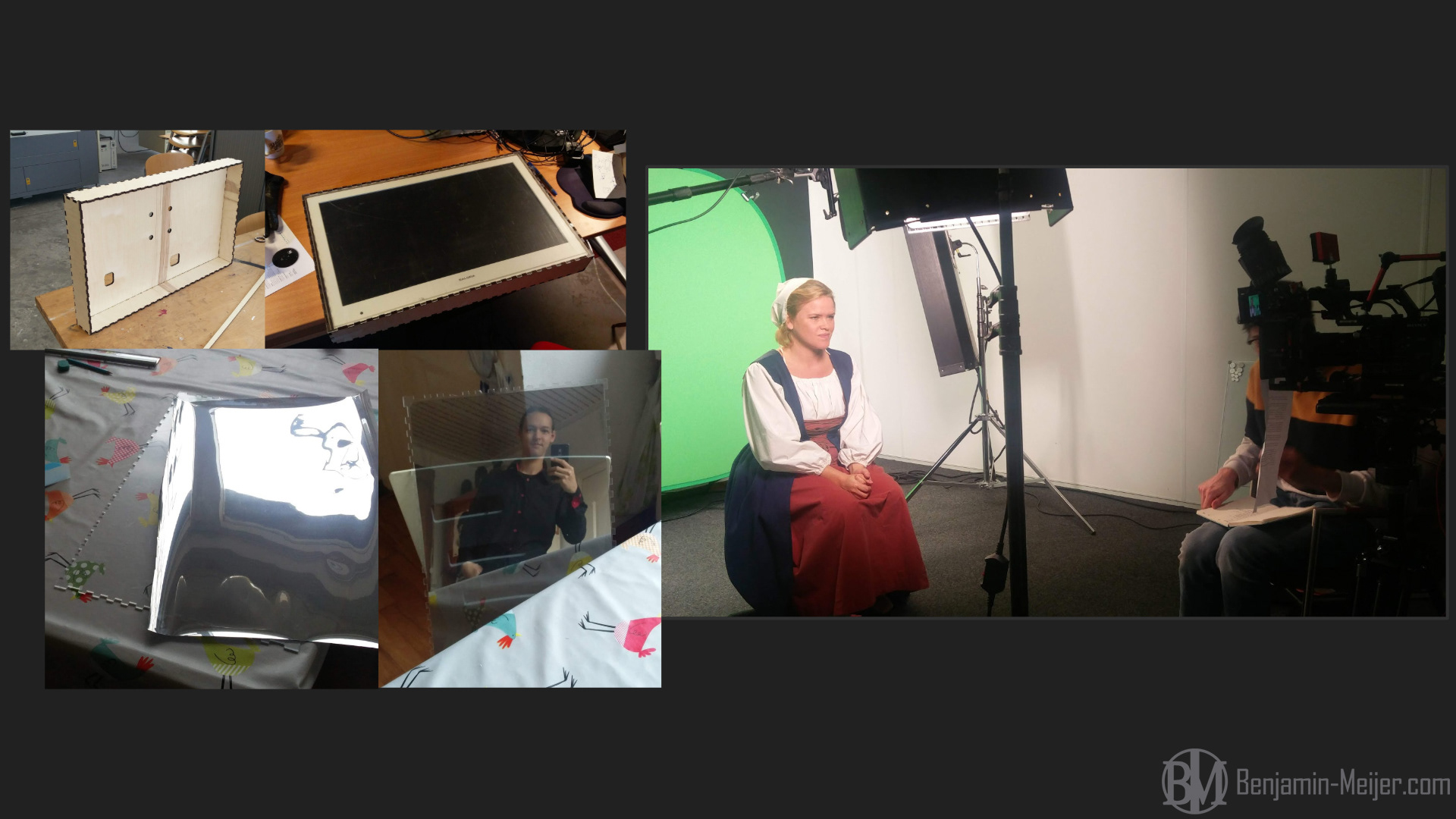 Creating the mirror/screen illustion. The weaver was portrayed by actress Marjan Boets