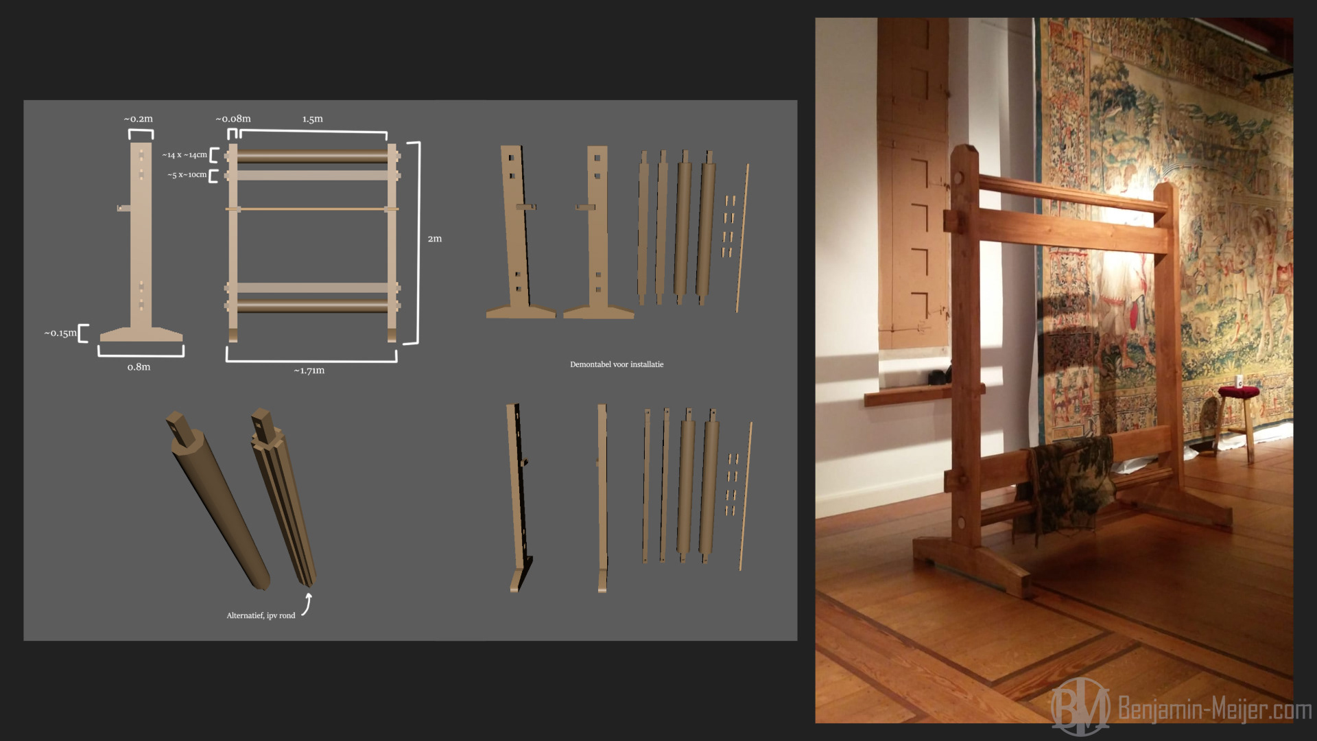 Due to time constraints, I could not build the woodwork for the haute-lisse loom myself. I did design the plans for it.