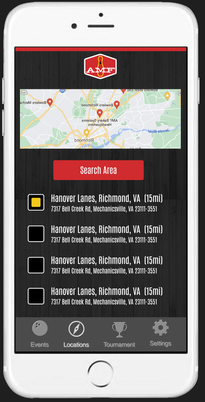 Mobile app center selection screen