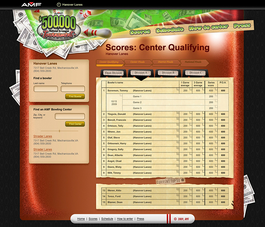 Scores table page