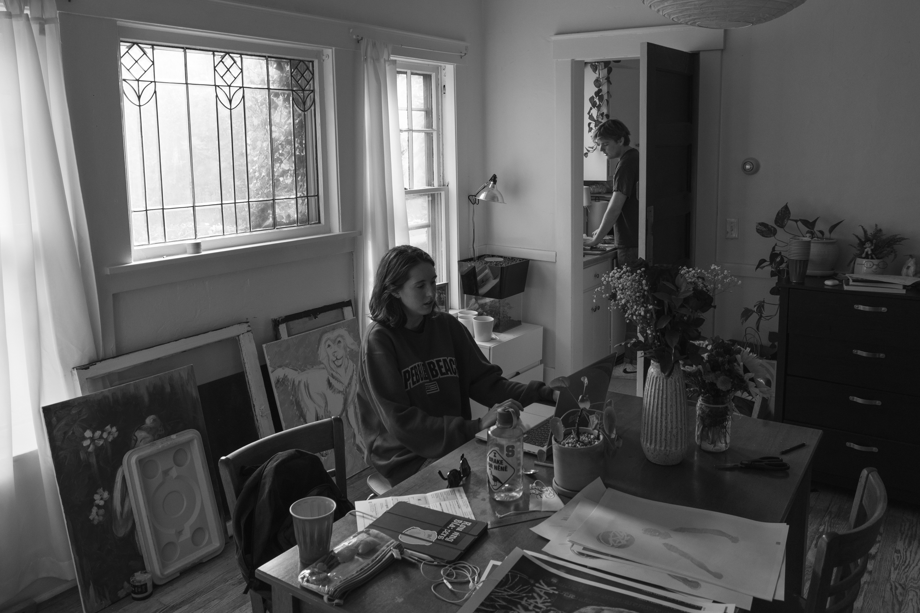 Griffin Palmer and Alex Santangelo, who are roommates and designers on Sumner Avenue, work on their course projects on a Sunday afternoon.