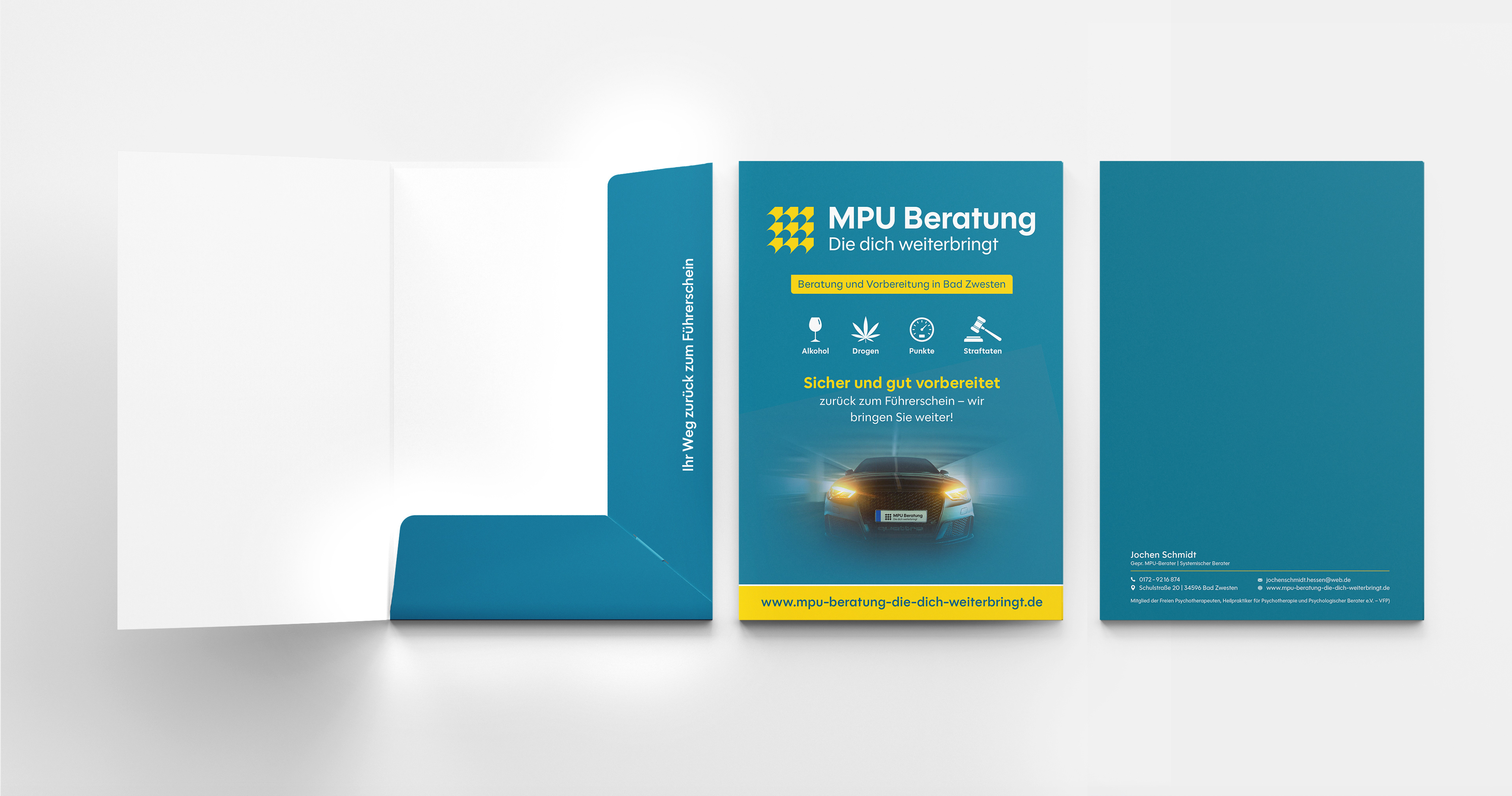 Individuell gestaltete und bedruckte A4-Präsentationsmappe für einen MPU Berater