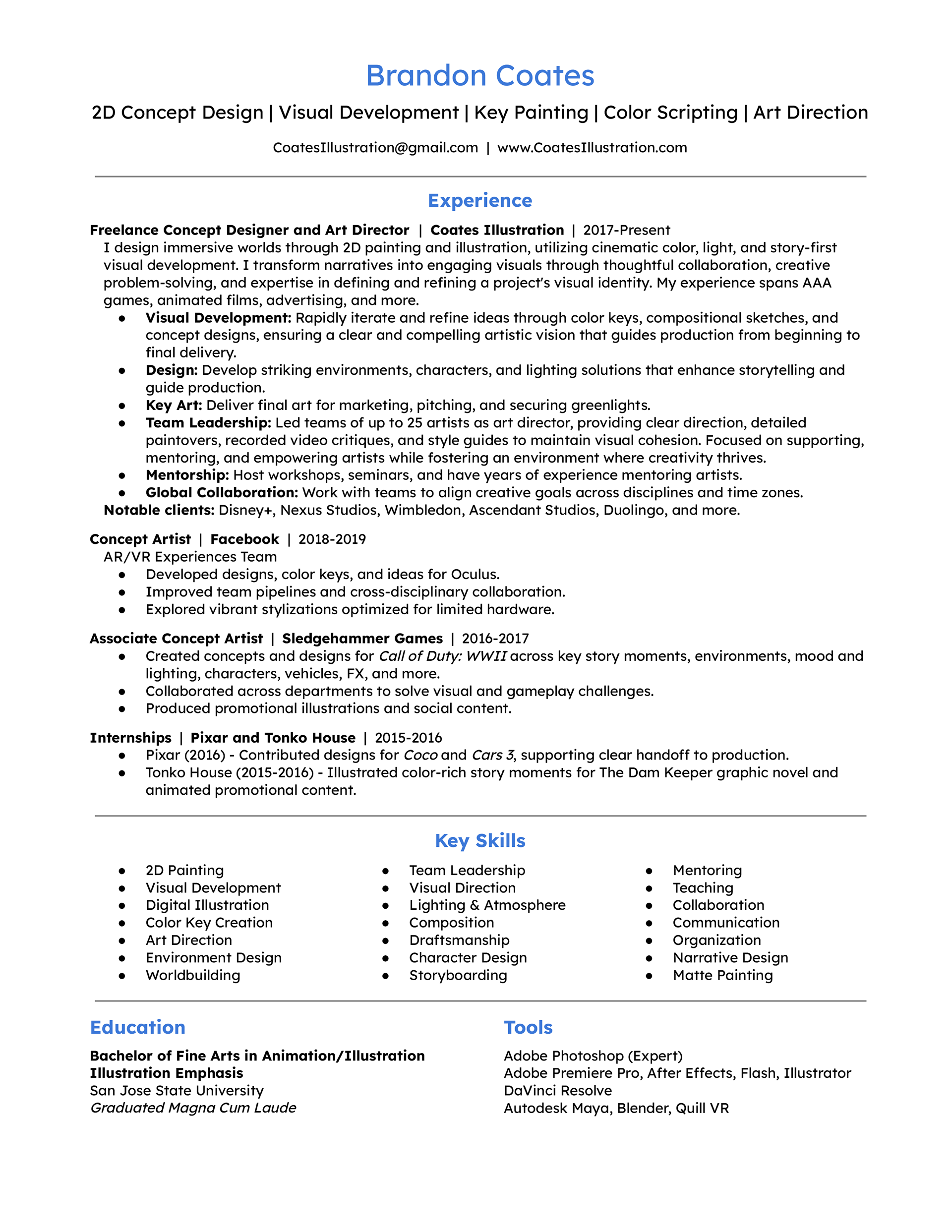 Brandon Coates' professional resume. You can click to open a link to a shared pdf file.