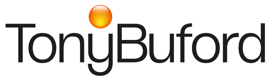 Tony Buford logo black letters with orange glass ball