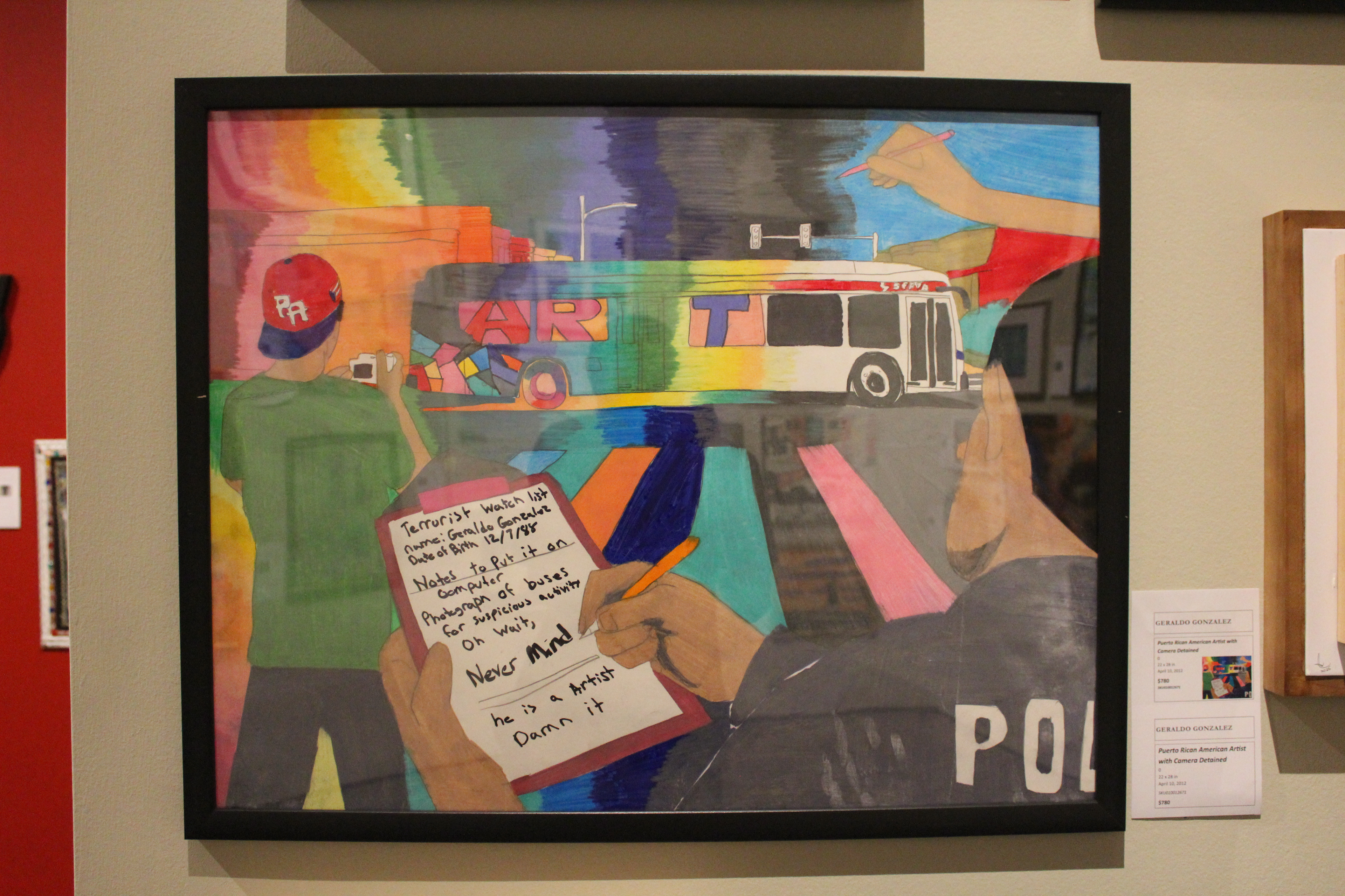 Artwork of Wilmington Police asked for his name and date of birth for put it on watch list not realizing he was an artist. while he photographs a SEPTA bus with a bright color within Colored Pencils itself before he wrote down ''Never Mind he is an artist Damn it'' at the end. The Photo taken at Delaware Art Museum during the exhibition. 