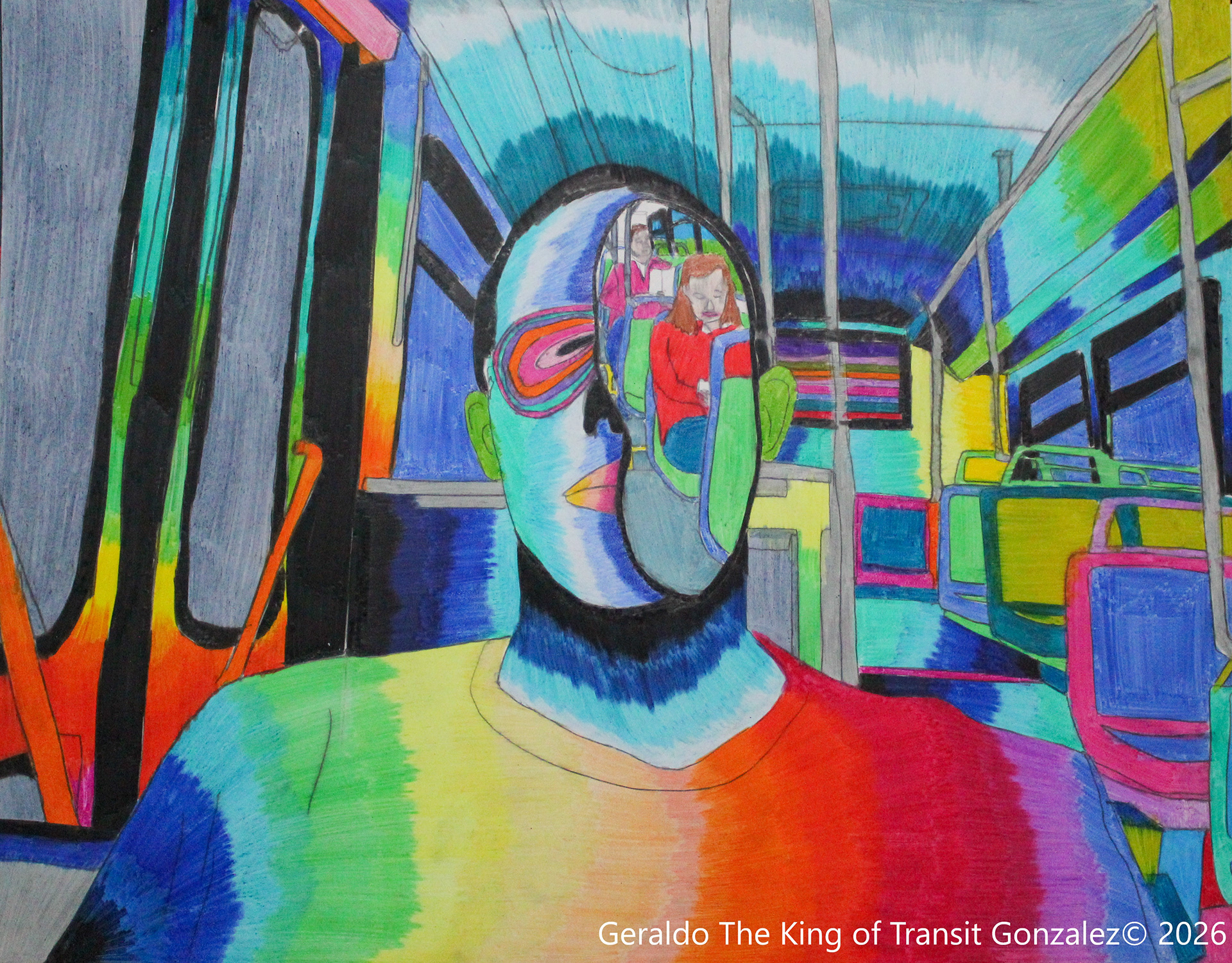 Self portrait on the bus bright Colors_Colored Pencils