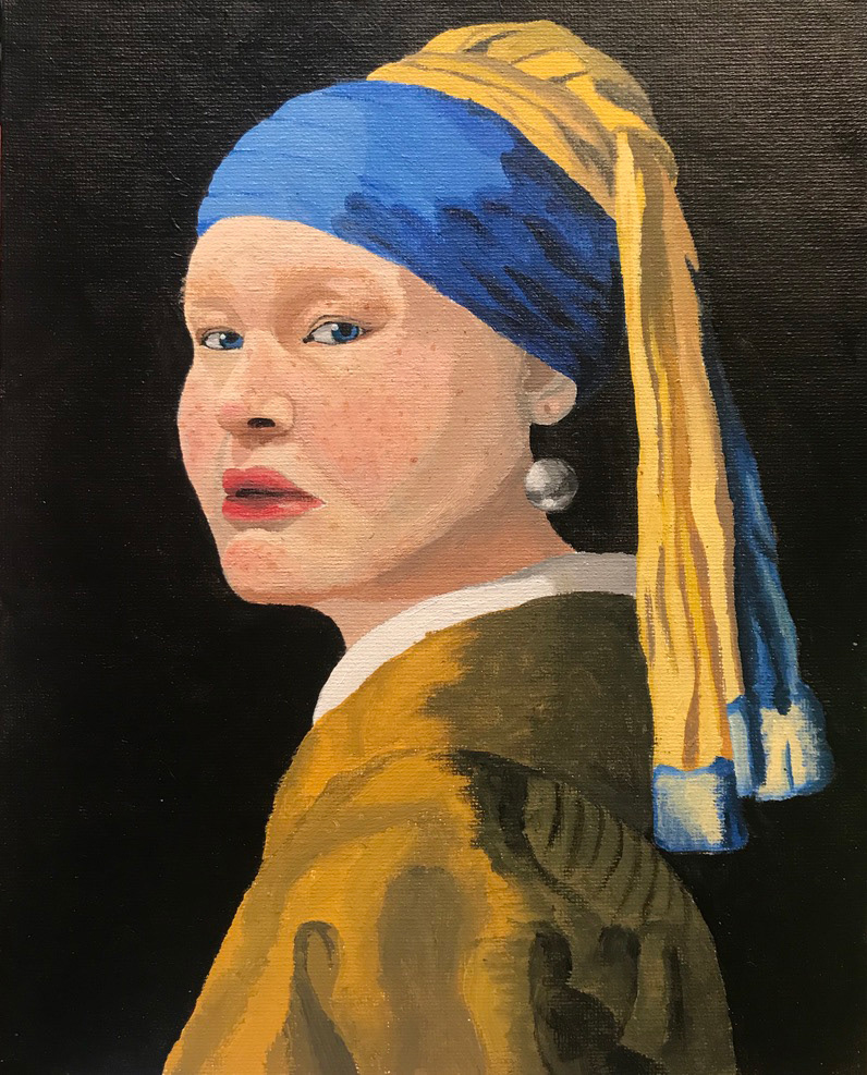 acrylic paint, 8.5 x 11. self portrait mixed with Girl With The Pearl Earring. made 2021