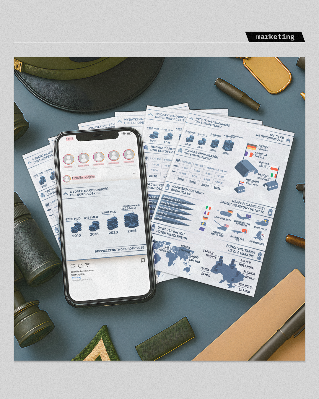 Kompleksowa prezentacja projektu informacji wizualnej (data visualization) na temat obronności UE. Aranżacja typu "flat lay" pokazująca spójność projektu w wersji cyfrowej (aplikacja mobilna) oraz drukowanej (ulotki). Przykład atrakcyjnego przedstawienia twardych danych analitycznych i statystycznych w nowoczesnej formie graficznej.