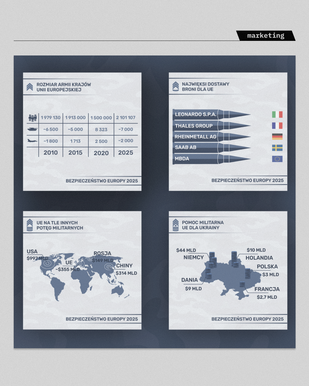 Szczegółowy widok modułów infografiki (information design). Zestawienie czterech paneli tematycznych wykorzystujących minimalistyczne ilustracje wektorowe i mapy do wizualizacji statystyk geopolitycznych. Przykład umiejętności syntezy danych i budowania przejrzystej architektury informacji bez utraty walorów estetycznych.