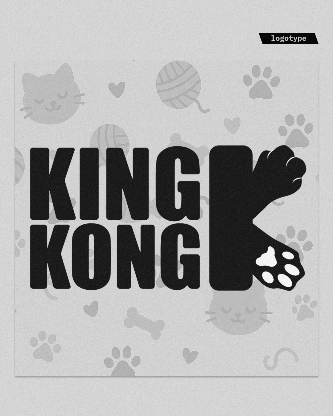 Projekt identyfikacji wizualnej (key visual) wykorzystujący typografię eksperymentalną. Logotyp "KING KONG" z literą "K" stylizowaną na kocią łapę, osadzony na autorskim wzorze (pattern design). Spójny system komunikacji wizualnej, łączący czytelność znaku z przyjazną, nieformalną estetyką marki.