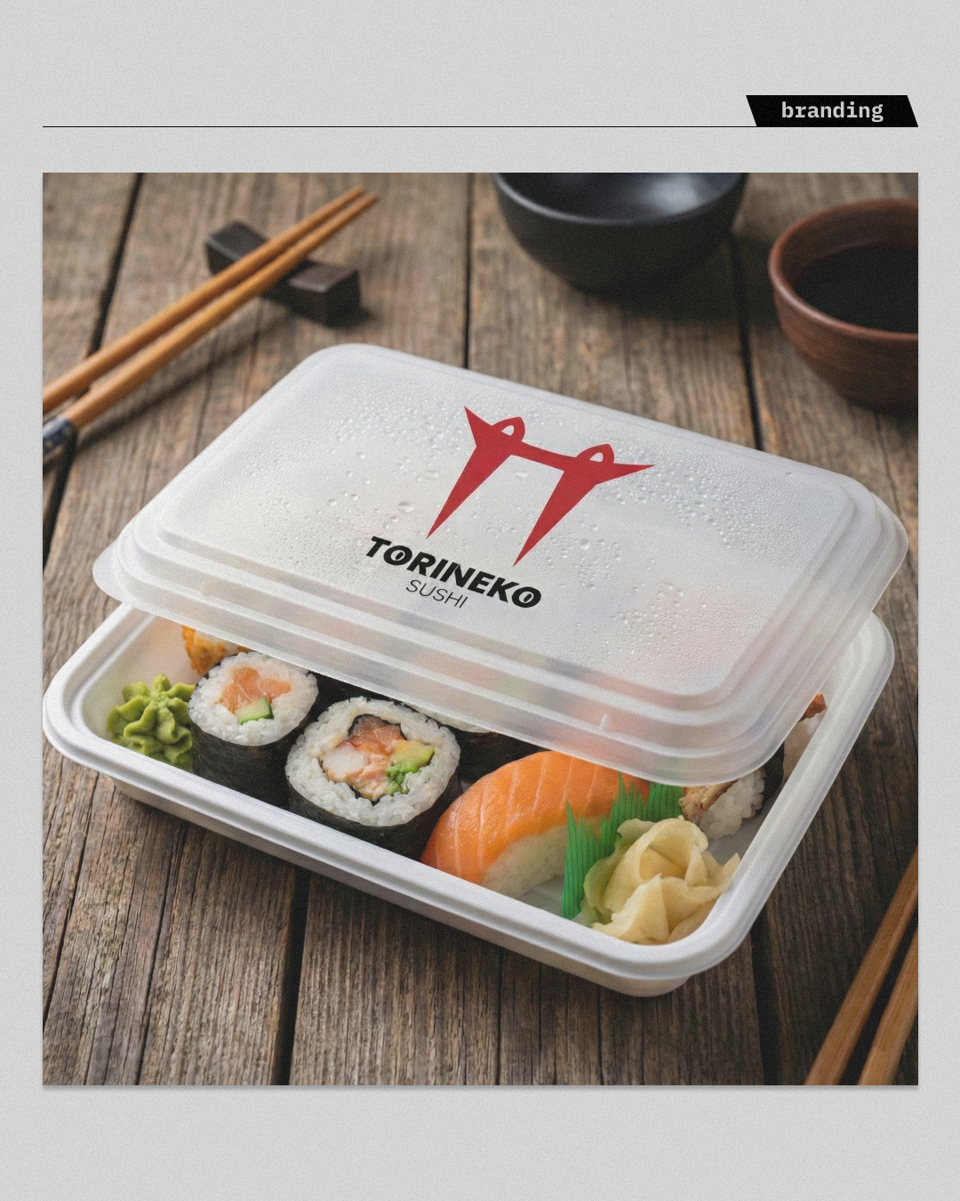Projekt identyfikacji wizualnej dla marki TORINEKO Sushi na opakowaniu na wynos. Minimalistyczne, czerwone logo na półprzezroczystym wieczku pudełka z zestawem sushi. Przykład skutecznego brandingu w branży gastronomicznej, budującego profesjonalny wizerunek marki w segmencie delivery.