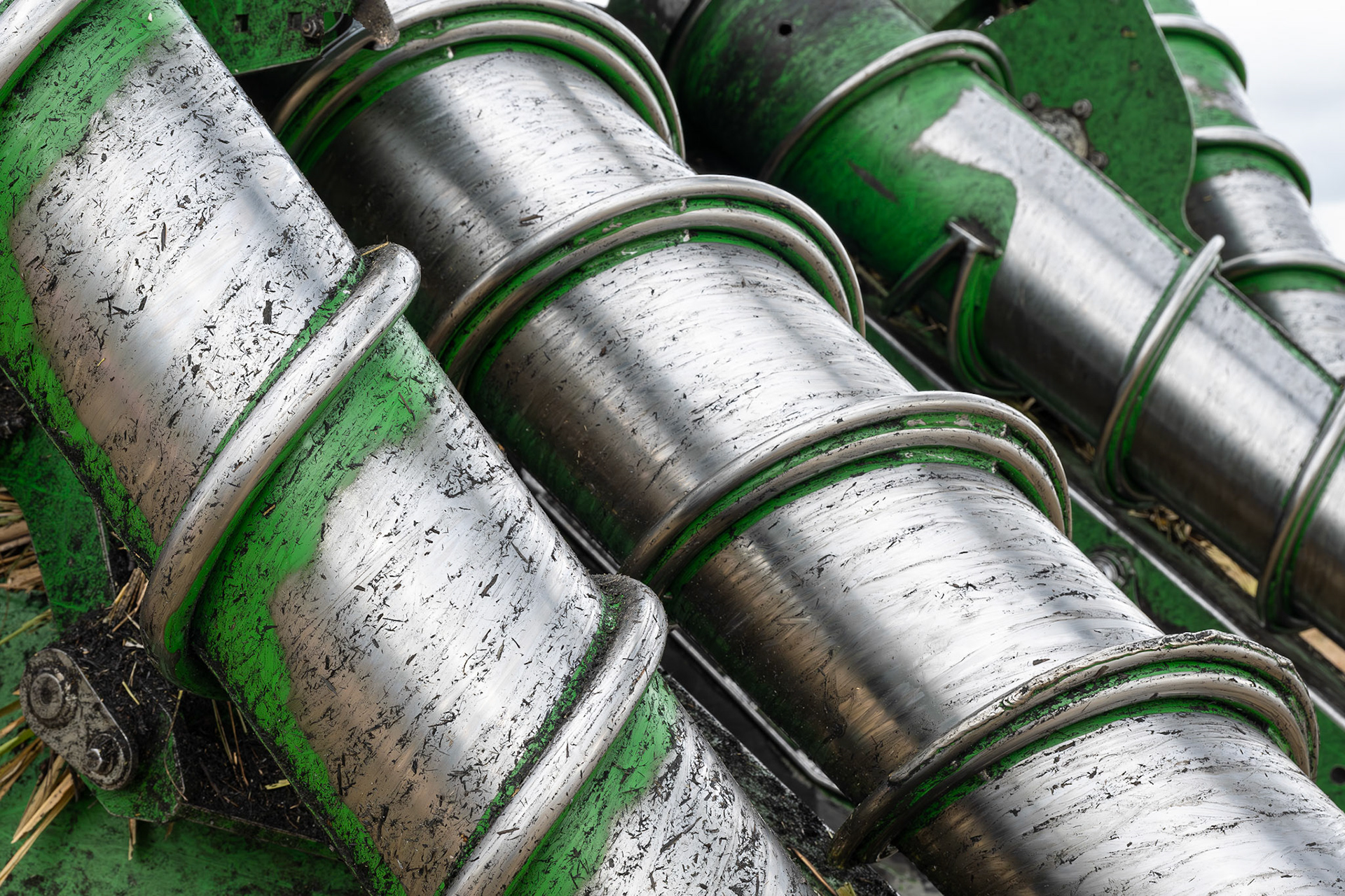 Detail of a John Deere sugarcane harvester.