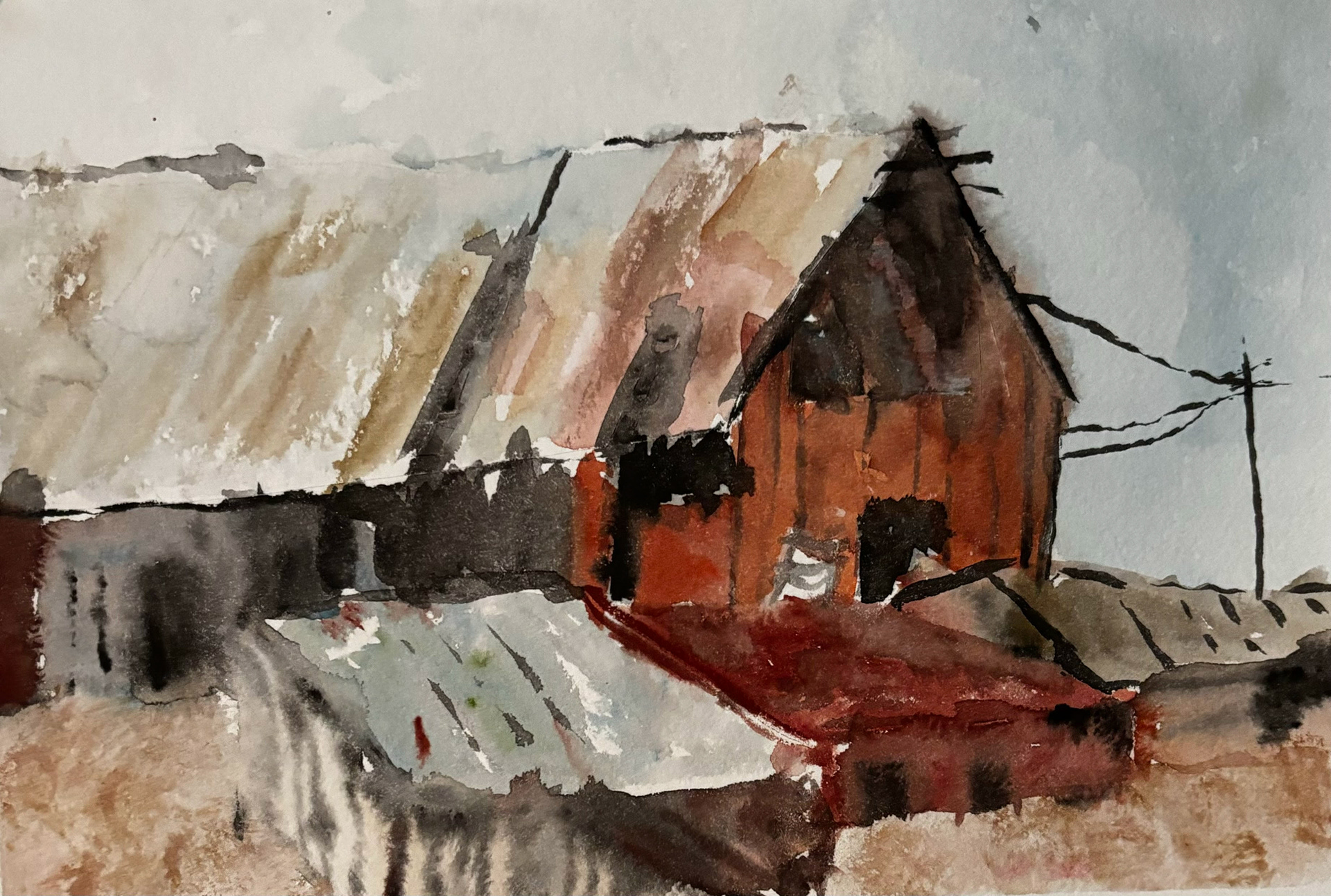 Watercolor on canvas, barn, Aug 2022