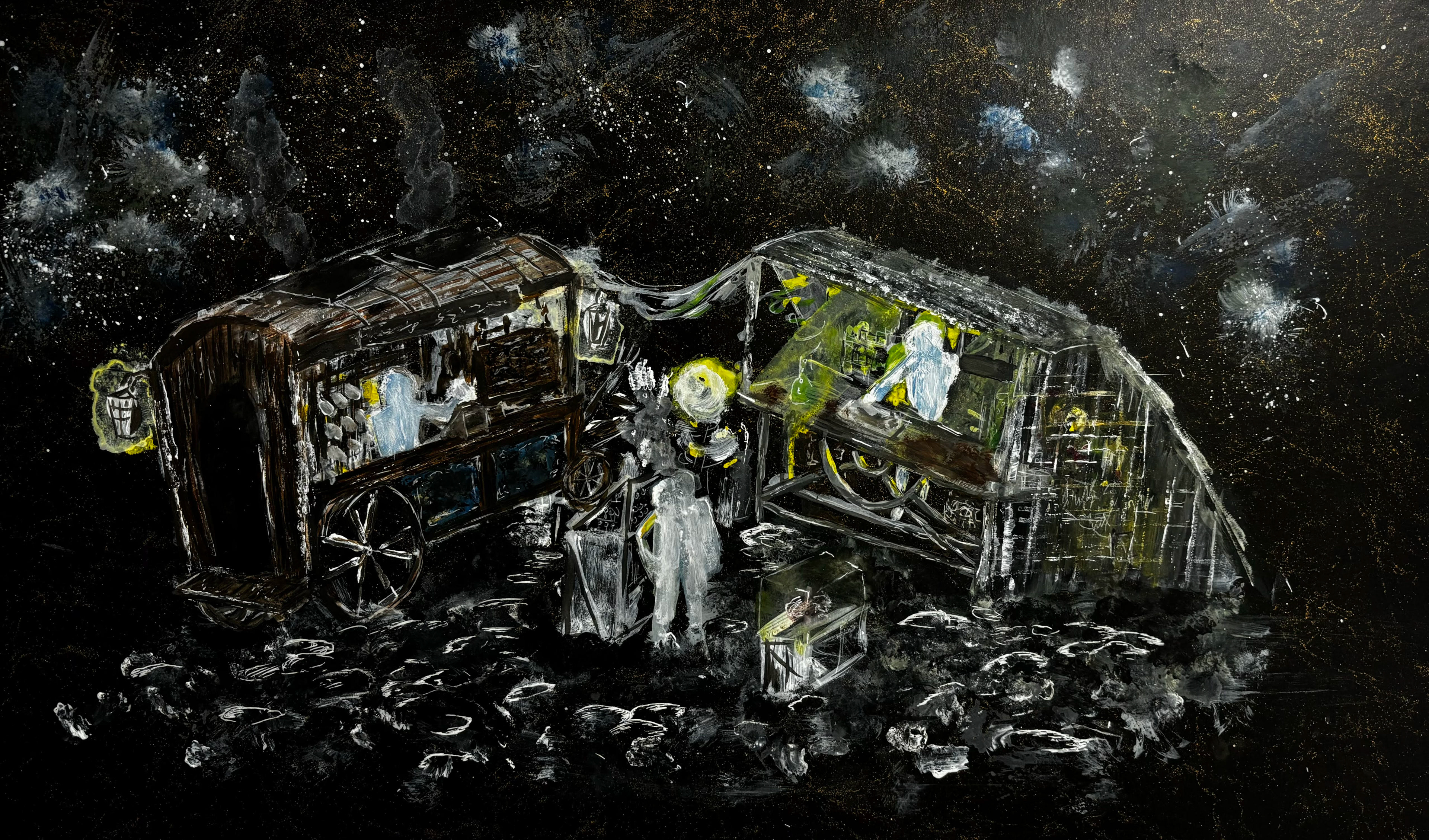 Frankenstein themed entertainment concept art, gouache on crescent, Oct 2023