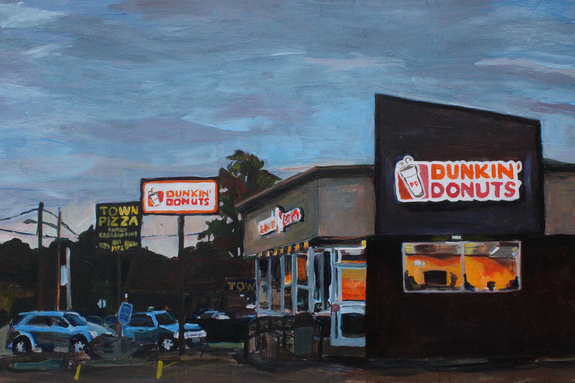 Riverisde Dunkin', acrylic on wood panel, 20" x 30"