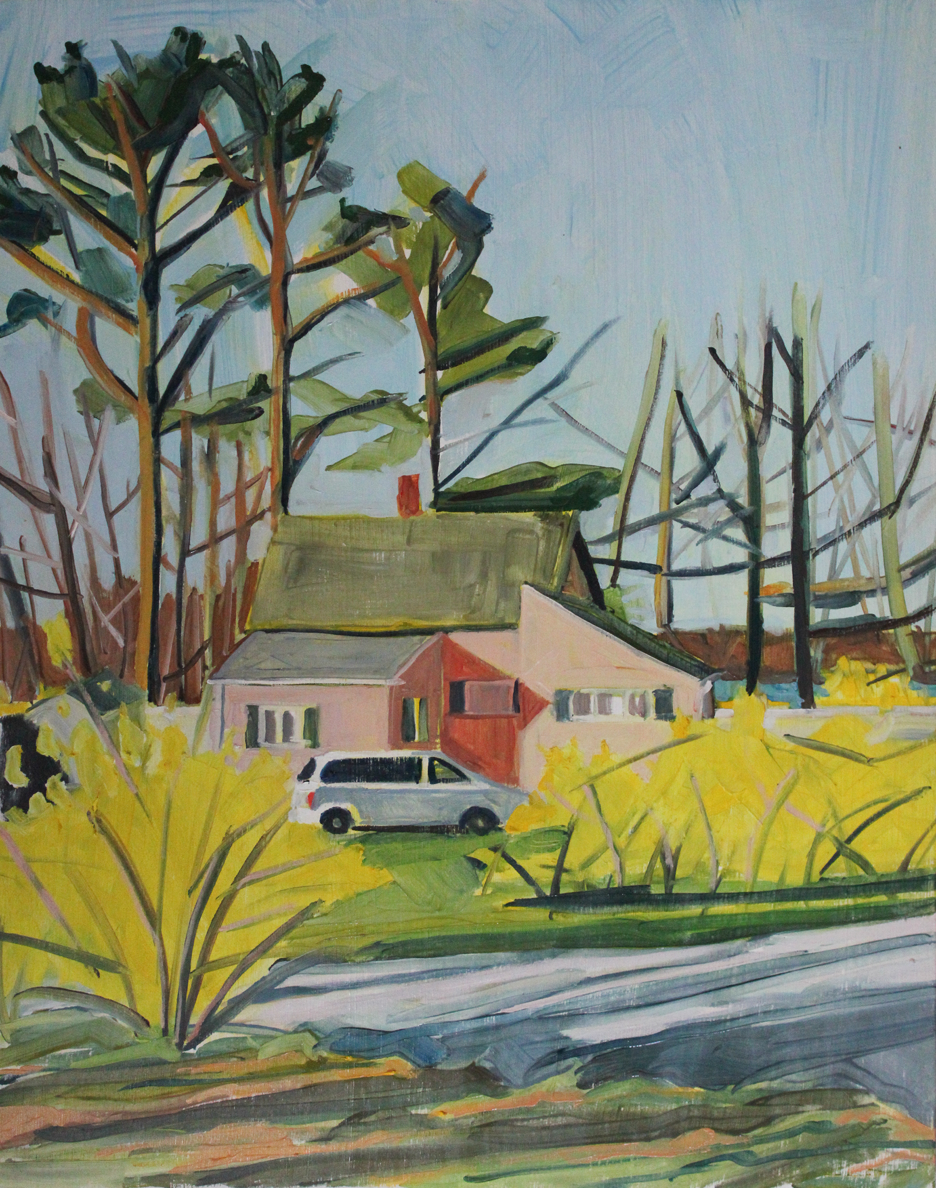 Parkway Forsythia, oil on wood panel, 11" x 14"