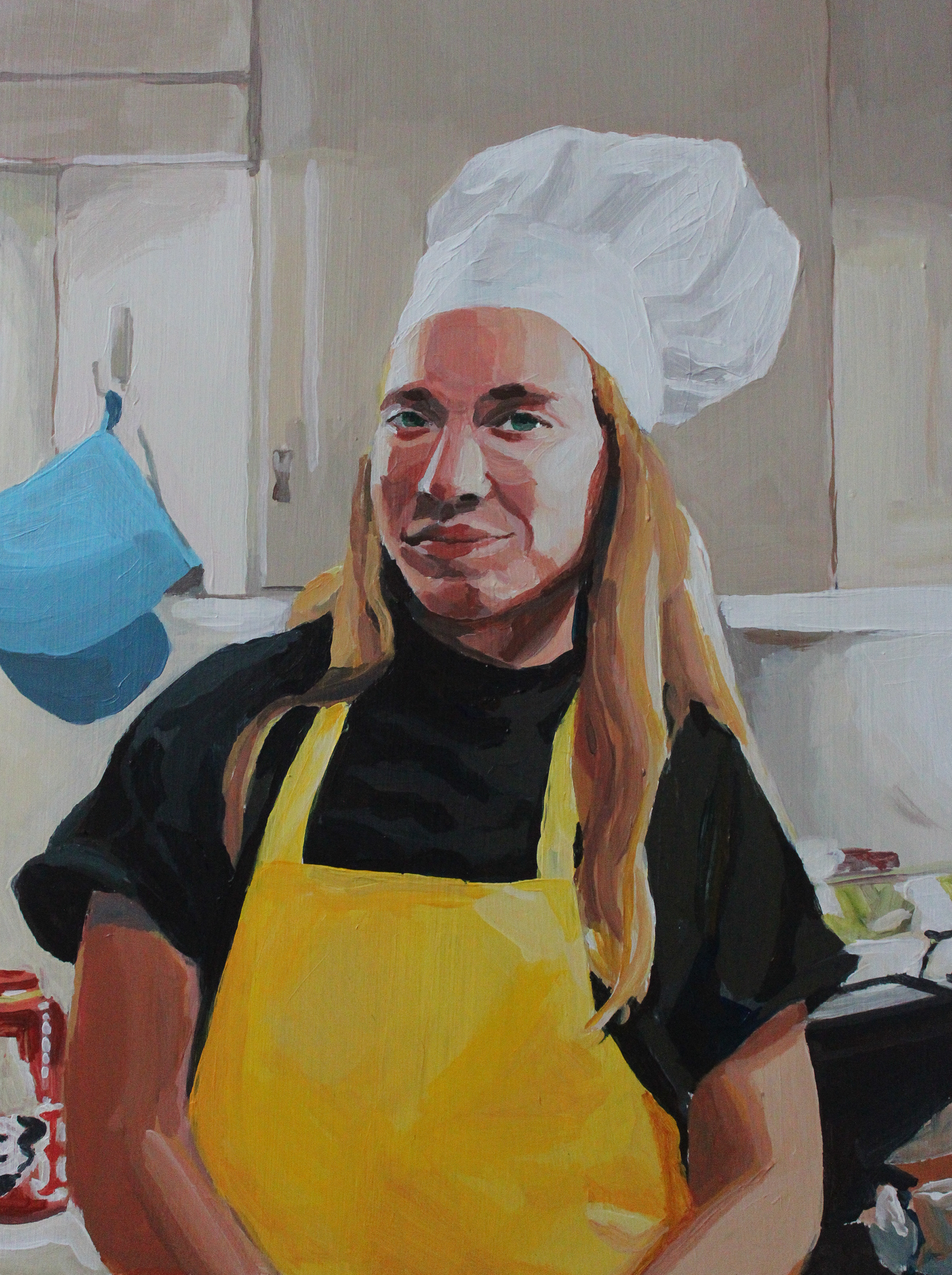 Self Portrait in Chef Hat, acrylic on wood,  12" x 16"