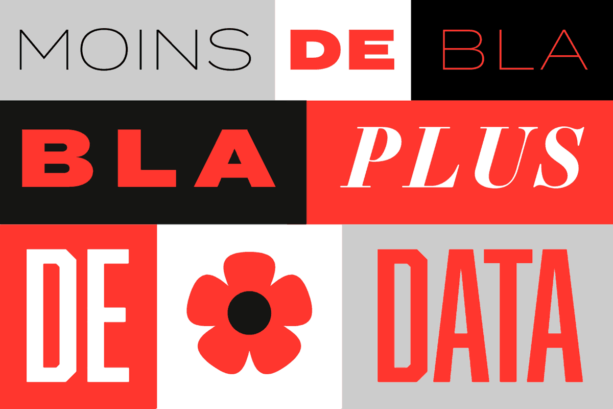Composition typographique avec pour message "Moins de bla-bla, plus de data".