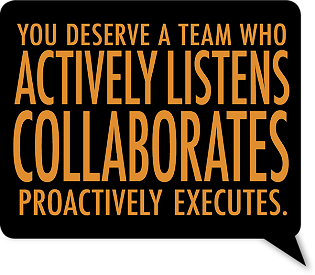 This is Affordable Graphics speech bubble logo that states, "You deserve a team who actively listens collaborates proactively executes.