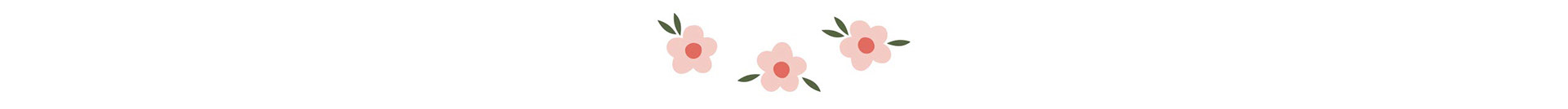 Three small illustrated flowers in pink and green.
