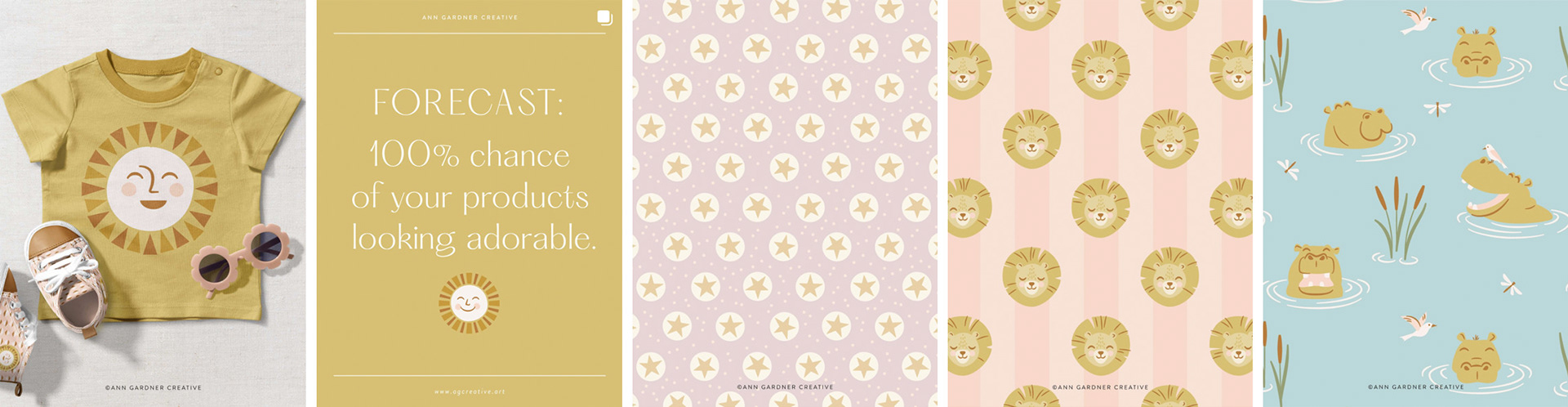 Series of five images of posts featuring license-ready art from my Instagram feed. Click to go to my surface pattern design account.