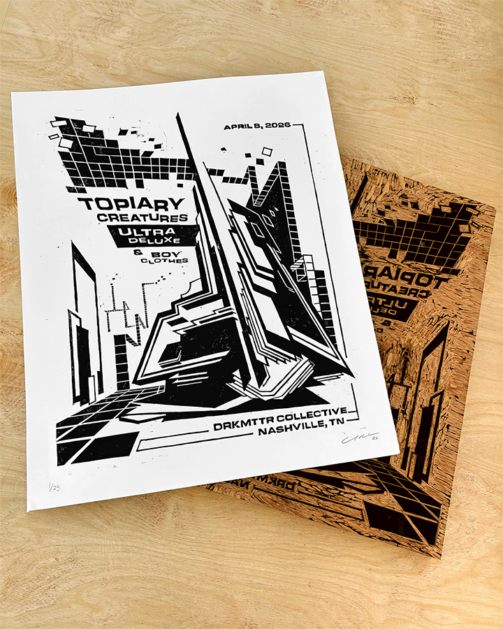 Woodcut Concert Poster for Topiary Creatures