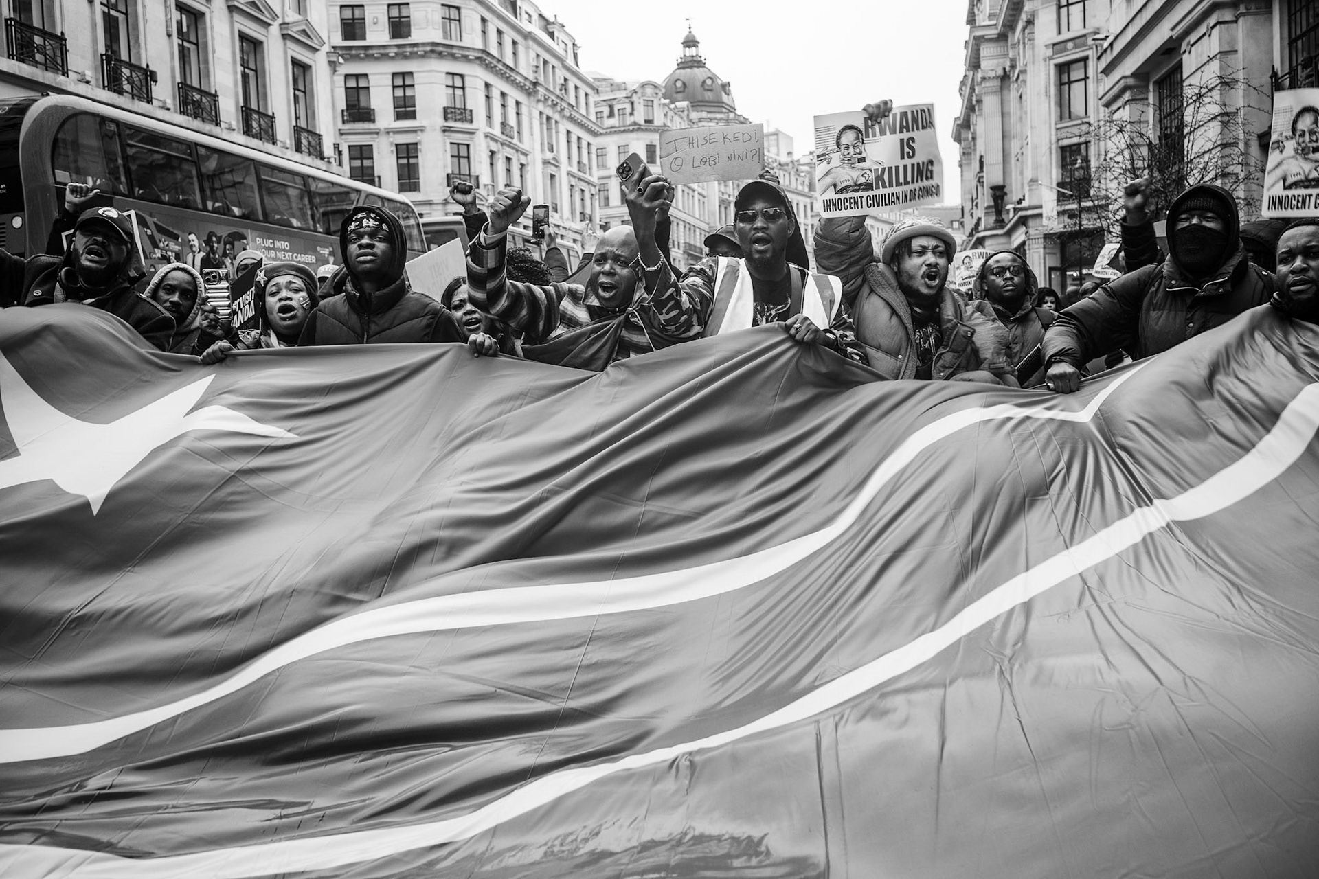 08 FEB 2025 London / UK. Congolese protesters marched through central London to highlight the deteriorating situation in Goma, Democratic Republic of Congo (DRC), which has reached a critical level due to escalating violence. Reports indicate that Rwanda-backed M23 rebels have seized control of Goma and are advancing toward key towns, including Nyabibwe, a critical mining area between Goma and Bukavu.The conflict has triggered a severe humanitarian crisis. Hospitals in Goma are overwhelmed, struggling to manage the influx of casualties. Since the assault began on January 26, 2025, over 2,900 people have died, and around 700,000 have been displaced.Alamy Live News / Aubrey Fagon