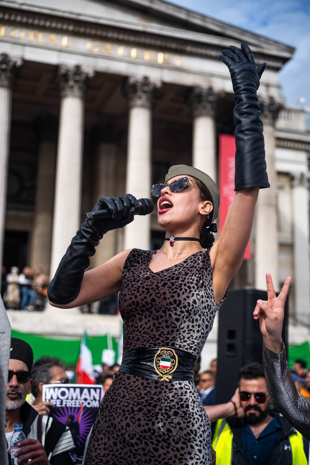 British-Iranian activist protesting against the Islamic Republic regime in Iran. Gathered outside Downing Street, demanding the closure of the Iranian Embassy in London.