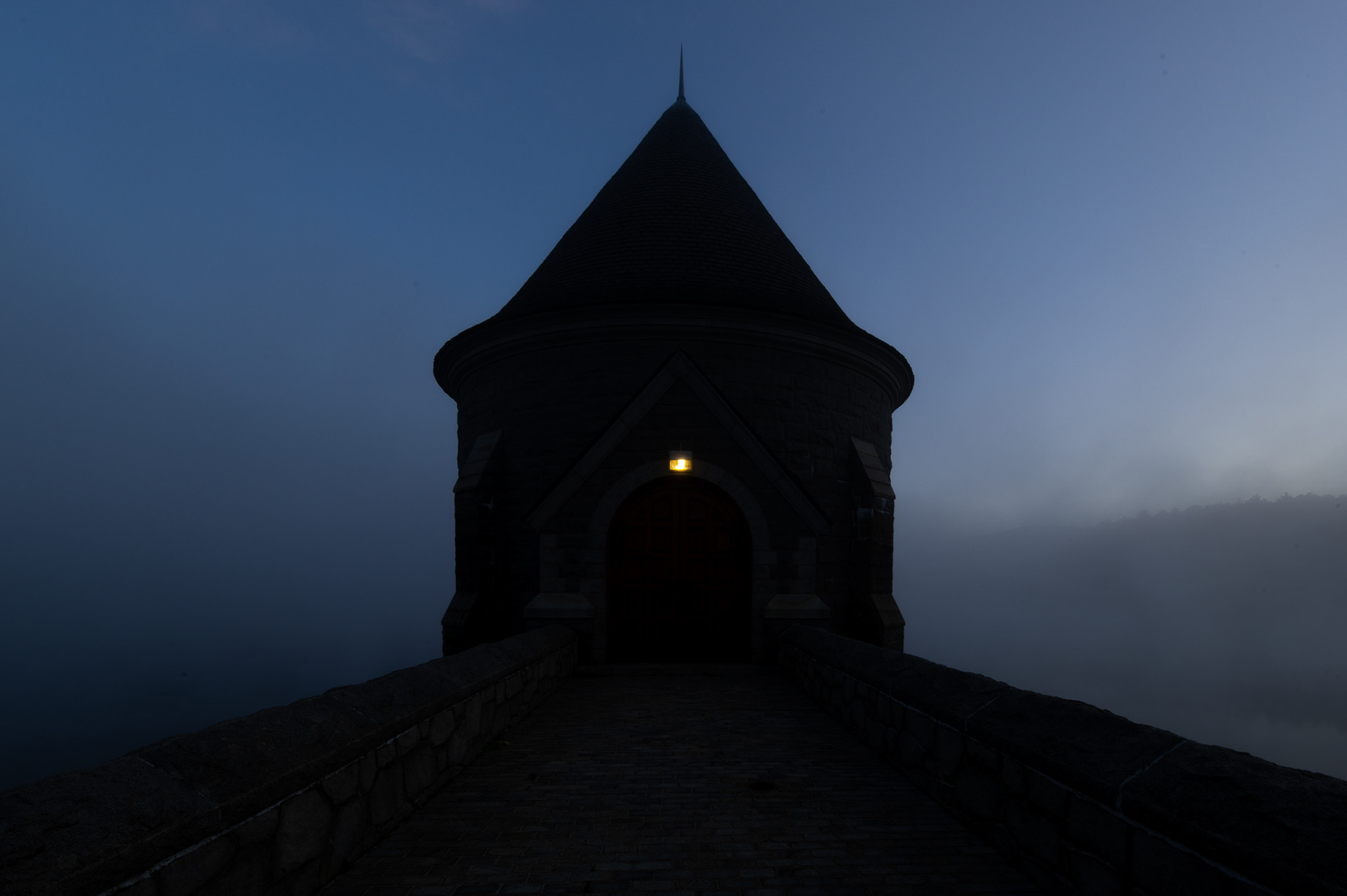 Saville Dam gatehouse looking into Massachusetts