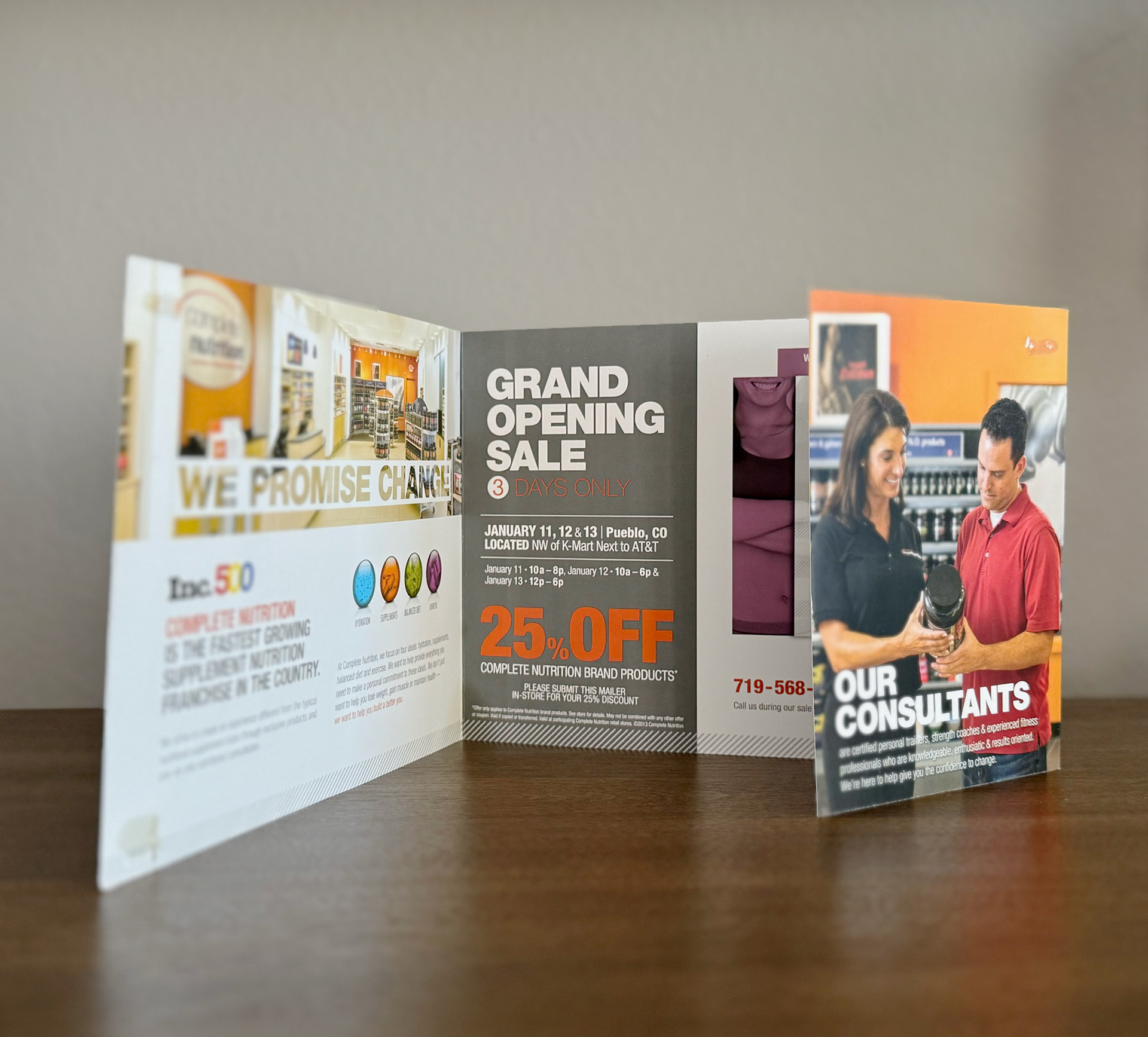 Direct mailer design for a franchise store grand opening.